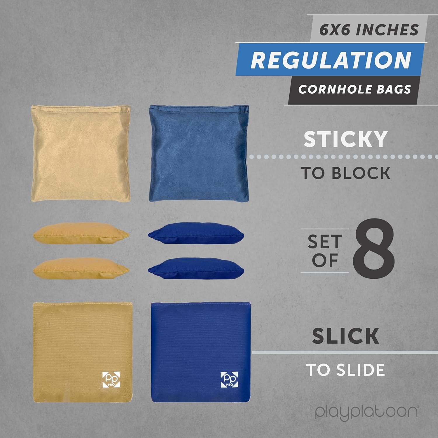 Professional Cornhole Bags – Set of 8 Regulation All Weather Double Sided – Sticky Side/Slick Side Bean Bags for Pro Corn Hole Game(Navy Blue & Gold)