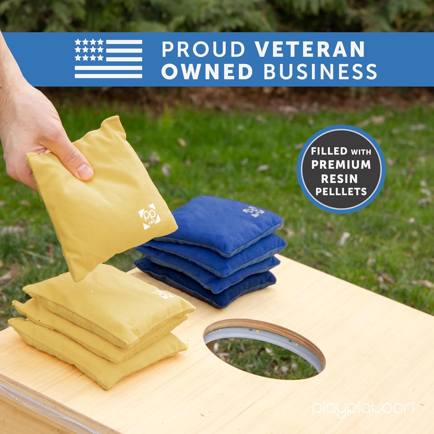 Professional Cornhole Bags – Set of 8 Regulation All Weather Double Sided – Sticky Side/Slick Side Bean Bags for Pro Corn Hole Game(Navy Blue & Gold) - view 5