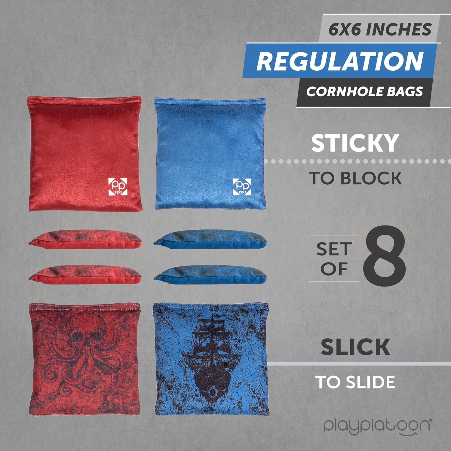 Professional Cornhole Bags – Set of 8 Regulation All Weather Double Sided – Sticky Side/Slick Side Bean Bags for Pro Corn Hole Game(Red / Blue Kraken Pirate)