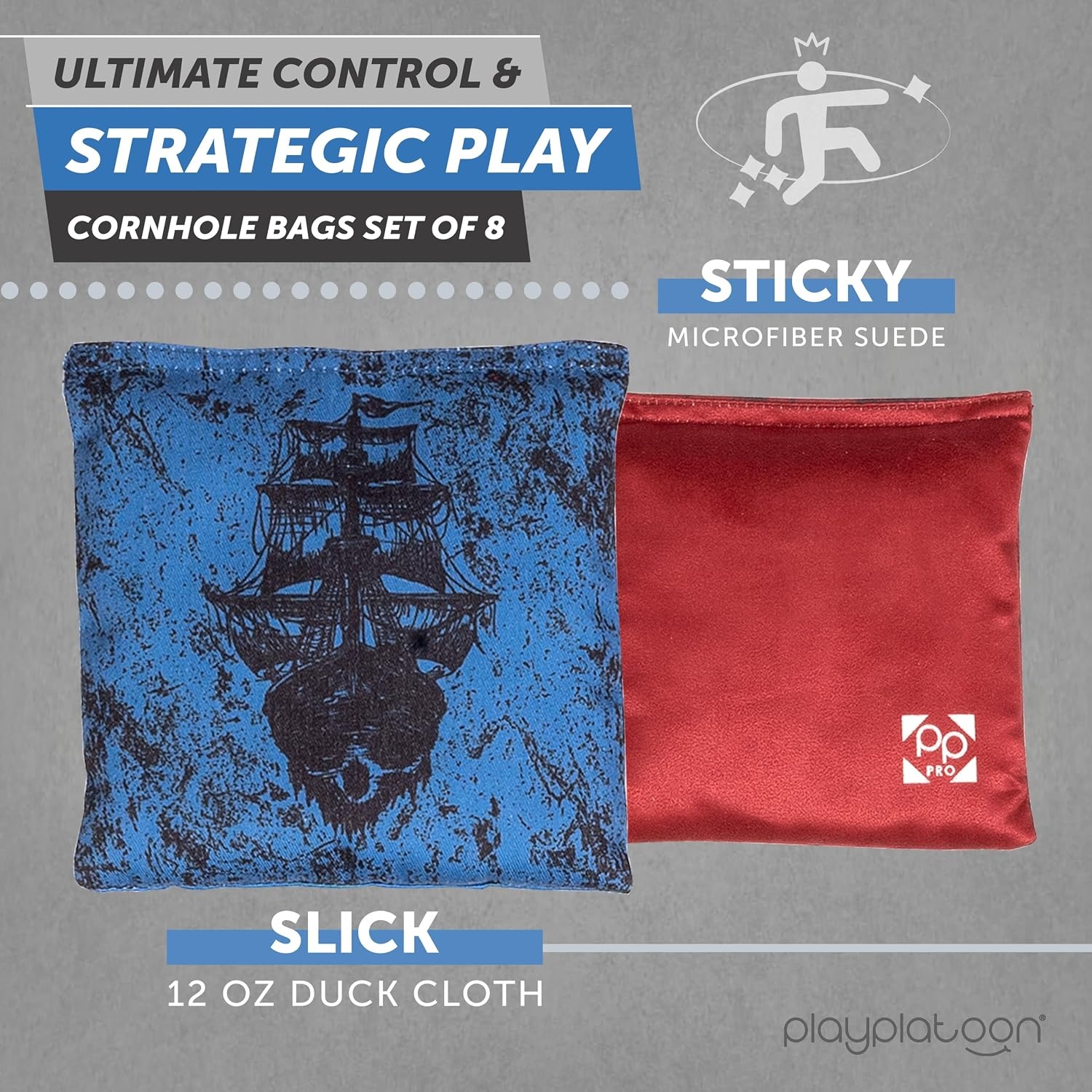 Professional Cornhole Bags – Set of 8 Regulation All Weather Double Sided – Sticky Side/Slick Side Bean Bags for Pro Corn Hole Game(Red / Blue Kraken Pirate) - view 2