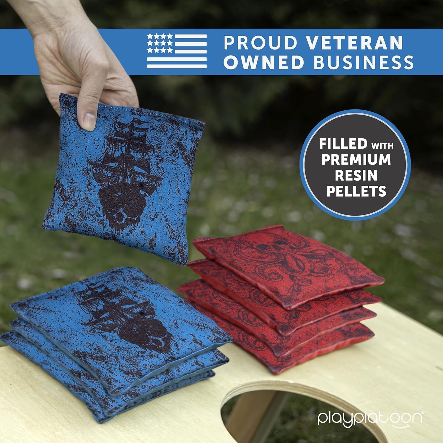 Professional Cornhole Bags – Set of 8 Regulation All Weather Double Sided – Sticky Side/Slick Side Bean Bags for Pro Corn Hole Game(Red / Blue Kraken Pirate) - view 5