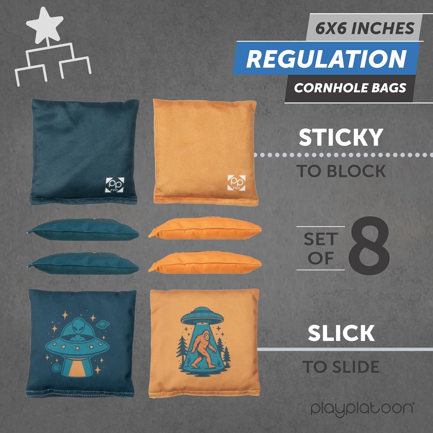 Professional Cornhole Bags – Set of 8 Regulation All Weather Double Sided – Sticky Side/Slick Side Bean Bags for Pro Corn Hole Game(Blue/Orange Alien & Sasquatch)