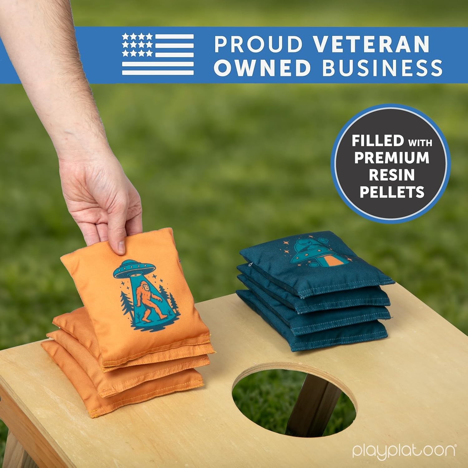 Professional Cornhole Bags – Set of 8 Regulation All Weather Double Sided – Sticky Side/Slick Side Bean Bags for Pro Corn Hole Game(Blue/Orange Alien & Sasquatch) - view 3