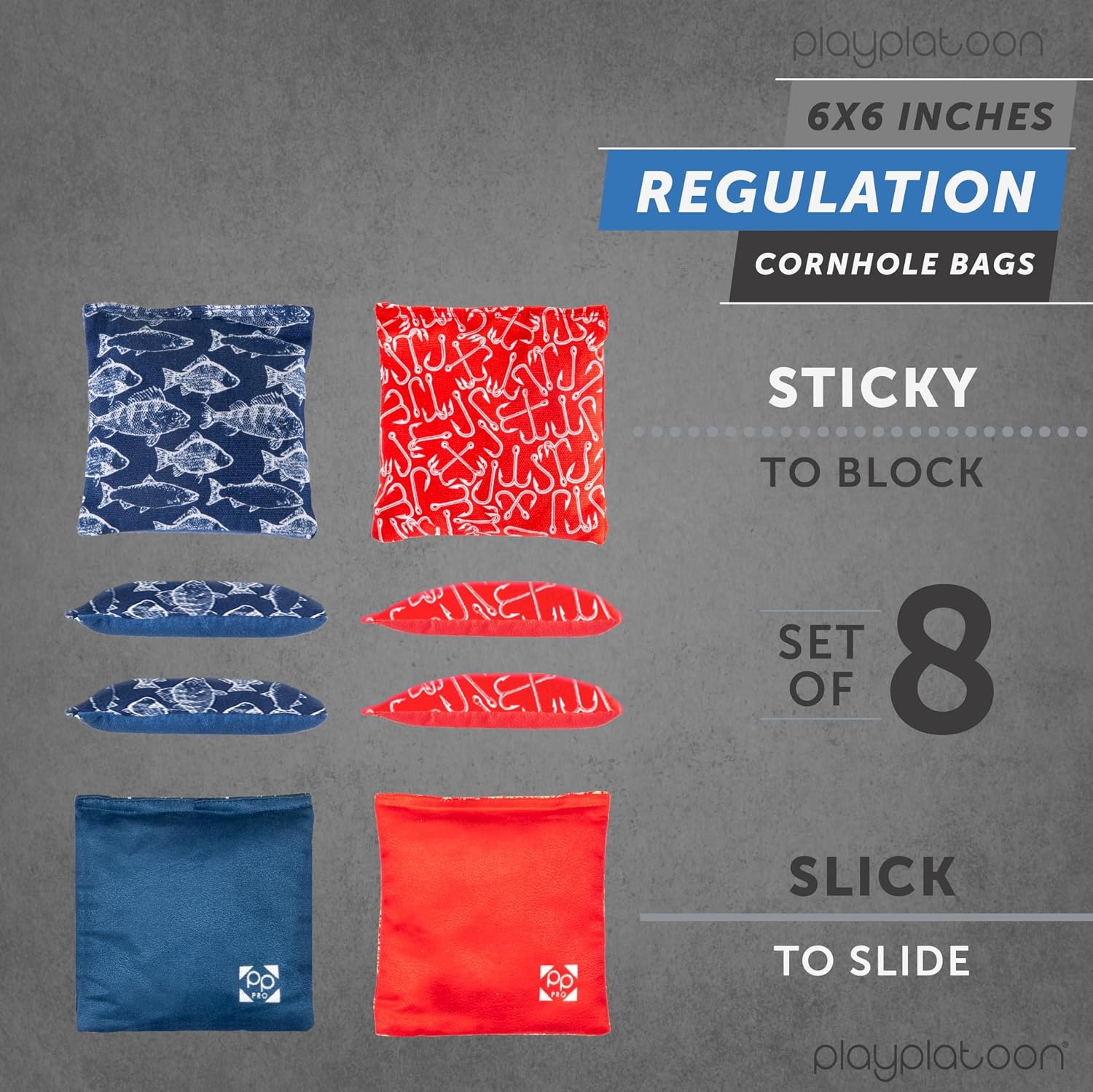 Professional Cornhole Bags – Set of 8 Regulation All Weather Double Sided – Sticky Side/Slick Side Bean Bags for Pro Corn Hole Game(Blue / Red Fish & Hooks)