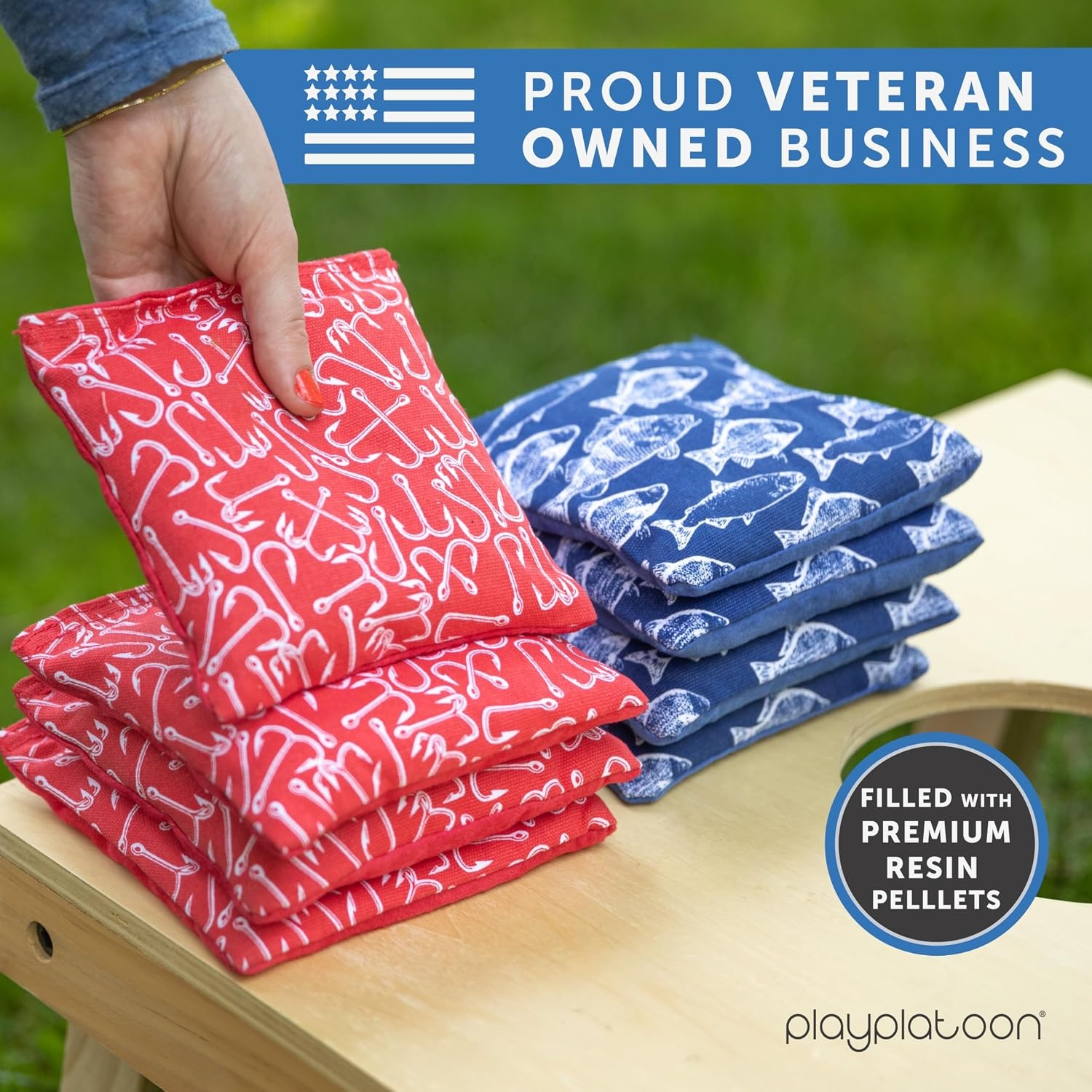 Professional Cornhole Bags – Set of 8 Regulation All Weather Double Sided – Sticky Side/Slick Side Bean Bags for Pro Corn Hole Game(Blue / Red Fish & Hooks) - view 5