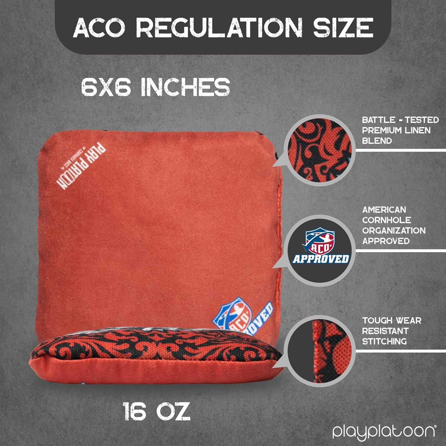 Play Platoon Cornhole Bags Set of 8 Regulation Professional Corn Hole Bean Bags ACO Approved, Competition Weight, Slick and Stick(Red/Black Chief & Outlaw)