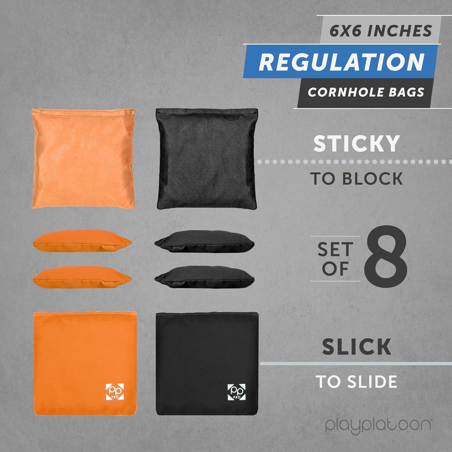 Professional Cornhole Bags – Set of 8 Regulation All Weather Double Sided – Sticky Side/Slick Side Bean Bags for Pro Corn Hole Game(Orange & Black)