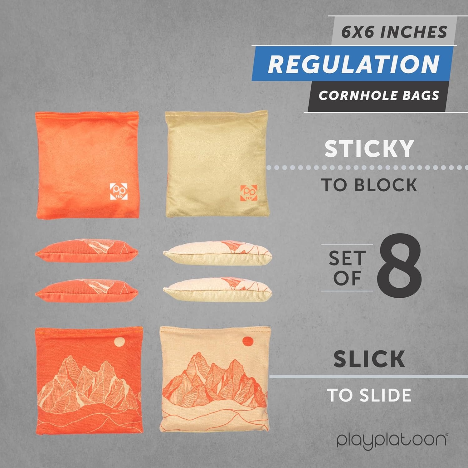 Professional Cornhole Bags – Set of 8 Regulation All Weather Double Sided – Sticky Side/Slick Side Bean Bags for Pro Corn Hole Game(Khaki / Tangerine Mountain Range)