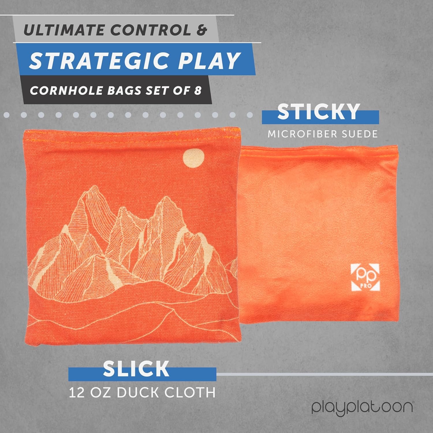 Professional Cornhole Bags – Set of 8 Regulation All Weather Double Sided – Sticky Side/Slick Side Bean Bags for Pro Corn Hole Game(Khaki / Tangerine Mountain Range) - view 2