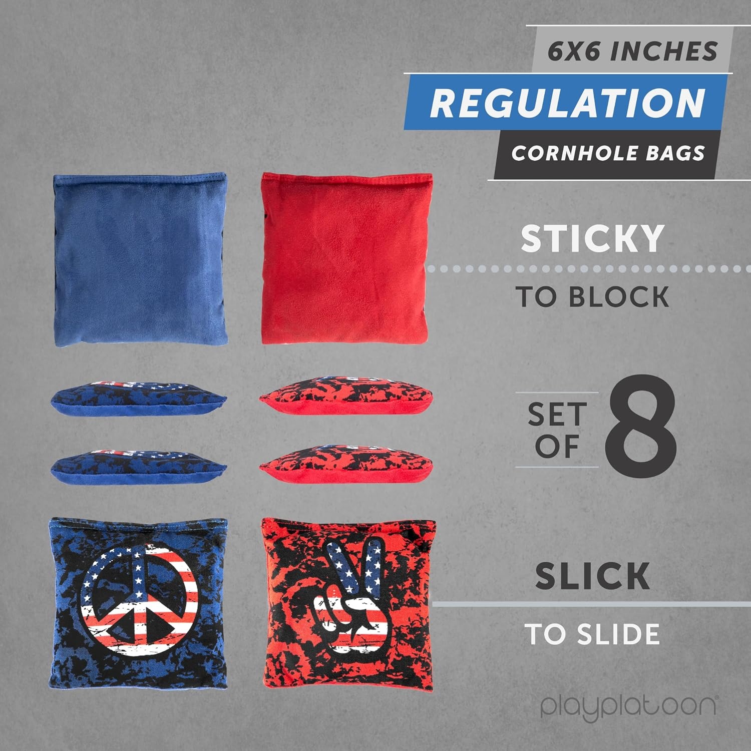 Professional Cornhole Bags – Set of 8 Regulation All Weather Double Sided – Sticky Side/Slick Side Bean Bags for Pro Corn Hole Game(Blue / Red Peace Signs)
