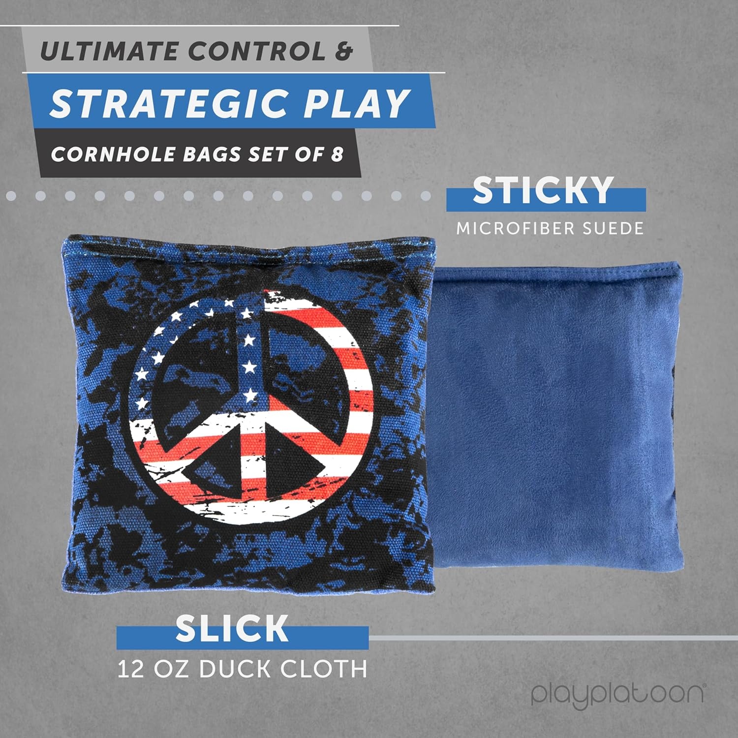 Professional Cornhole Bags – Set of 8 Regulation All Weather Double Sided – Sticky Side/Slick Side Bean Bags for Pro Corn Hole Game(Blue / Red Peace Signs) - view 2