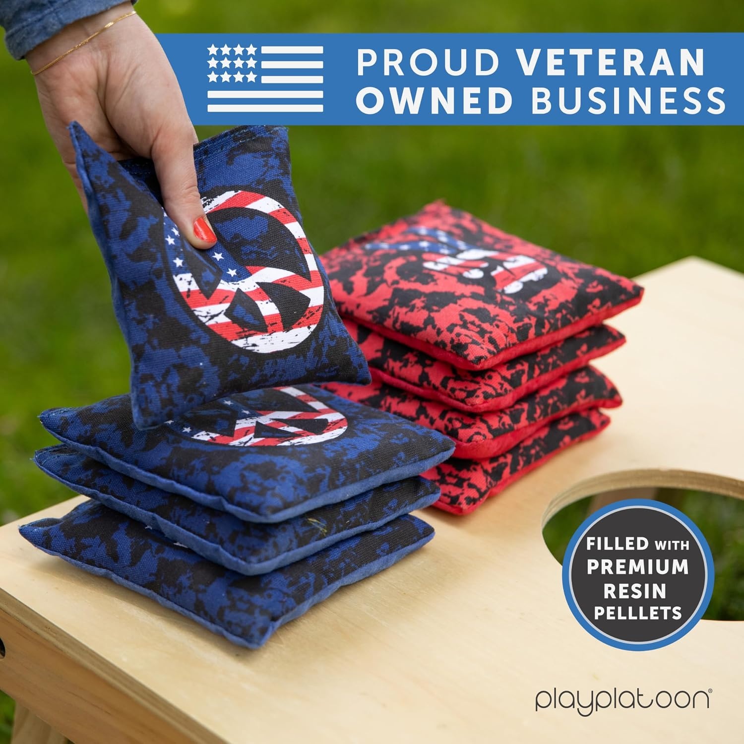 Professional Cornhole Bags – Set of 8 Regulation All Weather Double Sided – Sticky Side/Slick Side Bean Bags for Pro Corn Hole Game(Blue / Red Peace Signs) - view 5