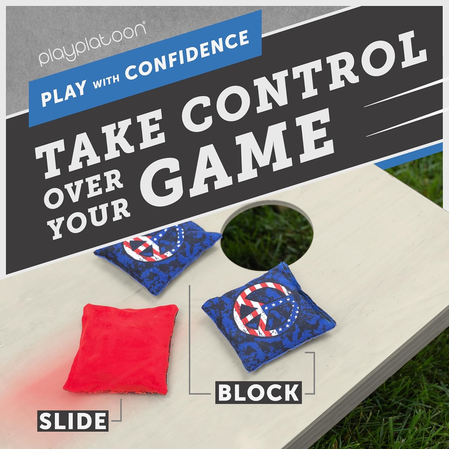 Professional Cornhole Bags – Set of 8 Regulation All Weather Double Sided – Sticky Side/Slick Side Bean Bags for Pro Corn Hole Game(Blue / Red Peace Signs) - view 6