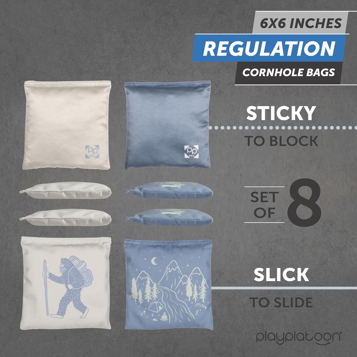 Professional Cornhole Bags – Set of 8 Regulation All Weather Double Sided – Sticky Side/Slick Side Bean Bags for Pro Corn Hole Game(Stone Blue / Light Jade Bigfoot)