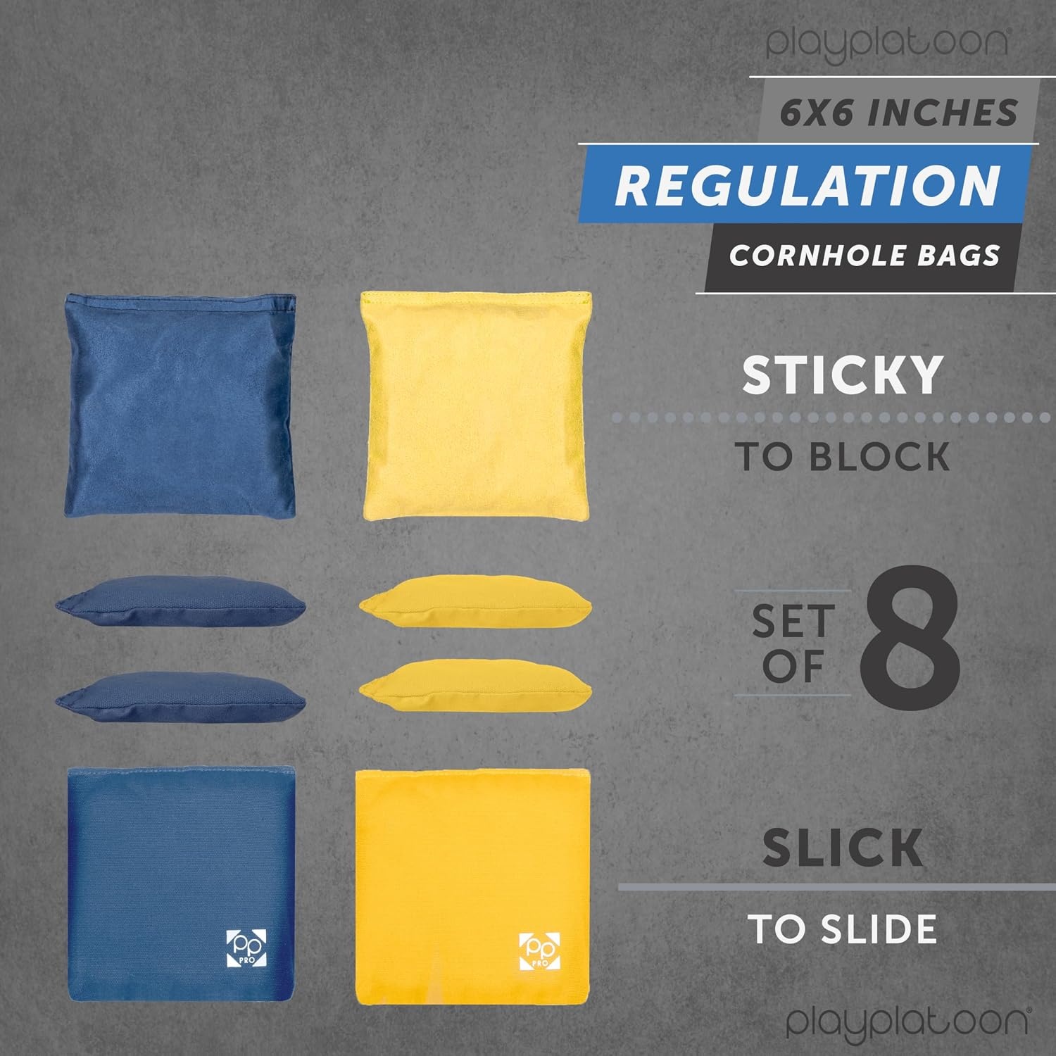 Professional Cornhole Bags – Set of 8 Regulation All Weather Double Sided – Sticky Side/Slick Side Bean Bags for Pro Corn Hole Game(Navy Blue & Yellow)