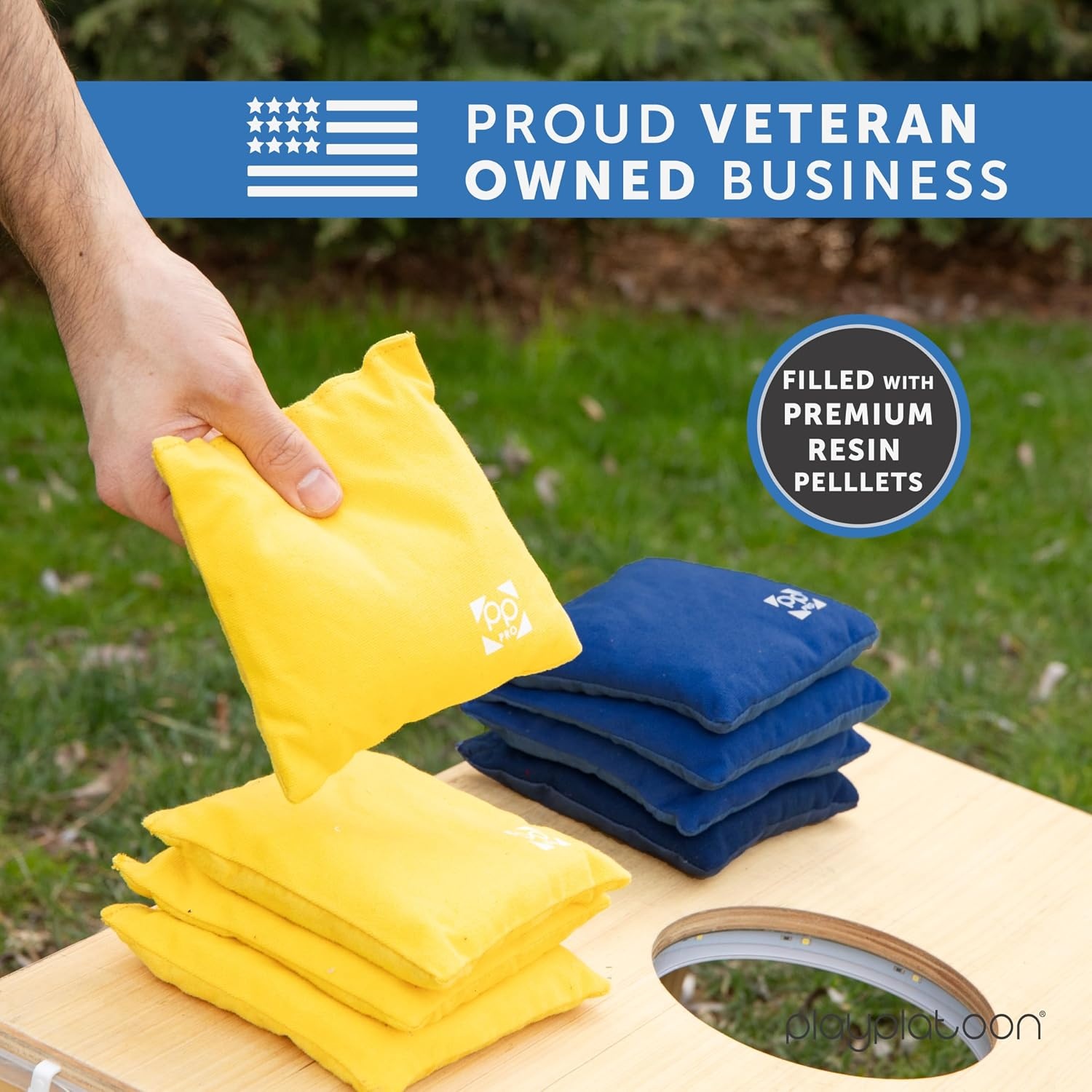 Professional Cornhole Bags – Set of 8 Regulation All Weather Double Sided – Sticky Side/Slick Side Bean Bags for Pro Corn Hole Game(Navy Blue & Yellow) - view 5