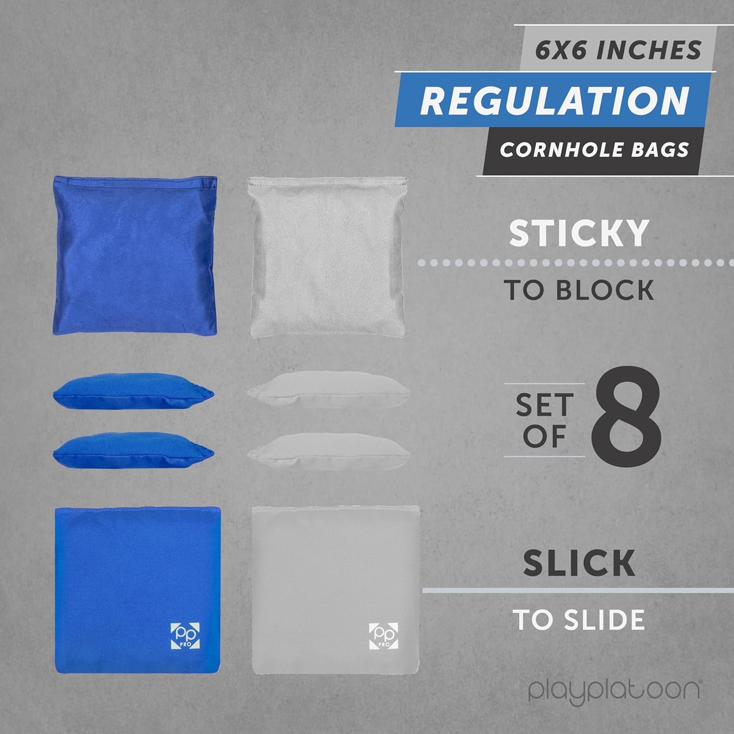 Professional Cornhole Bags – Set of 8 Regulation All Weather Double Sided – Sticky Side/Slick Side Bean Bags for Pro Corn Hole Game(Blue & Gray)