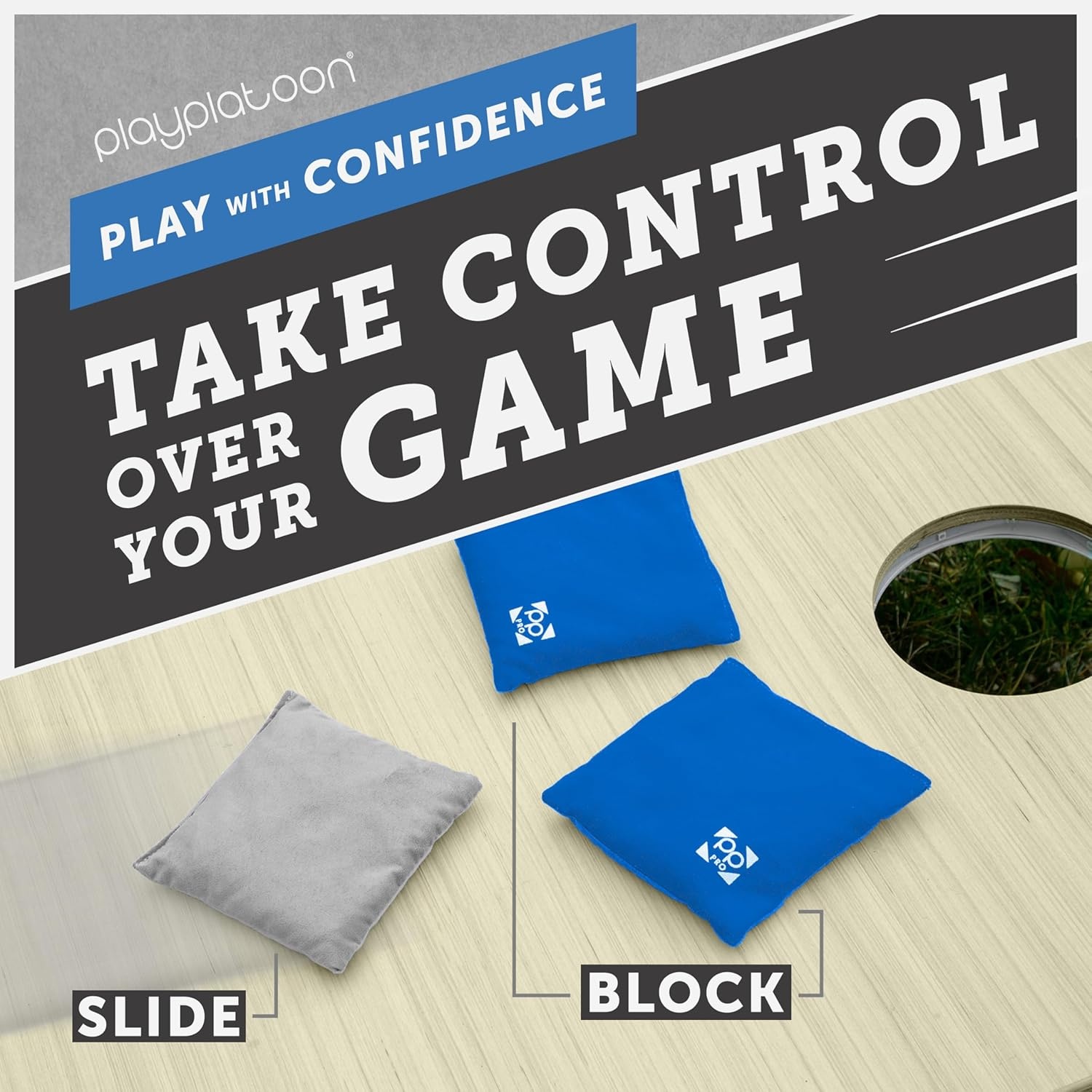 Professional Cornhole Bags – Set of 8 Regulation All Weather Double Sided – Sticky Side/Slick Side Bean Bags for Pro Corn Hole Game(Blue & Gray) - view 5