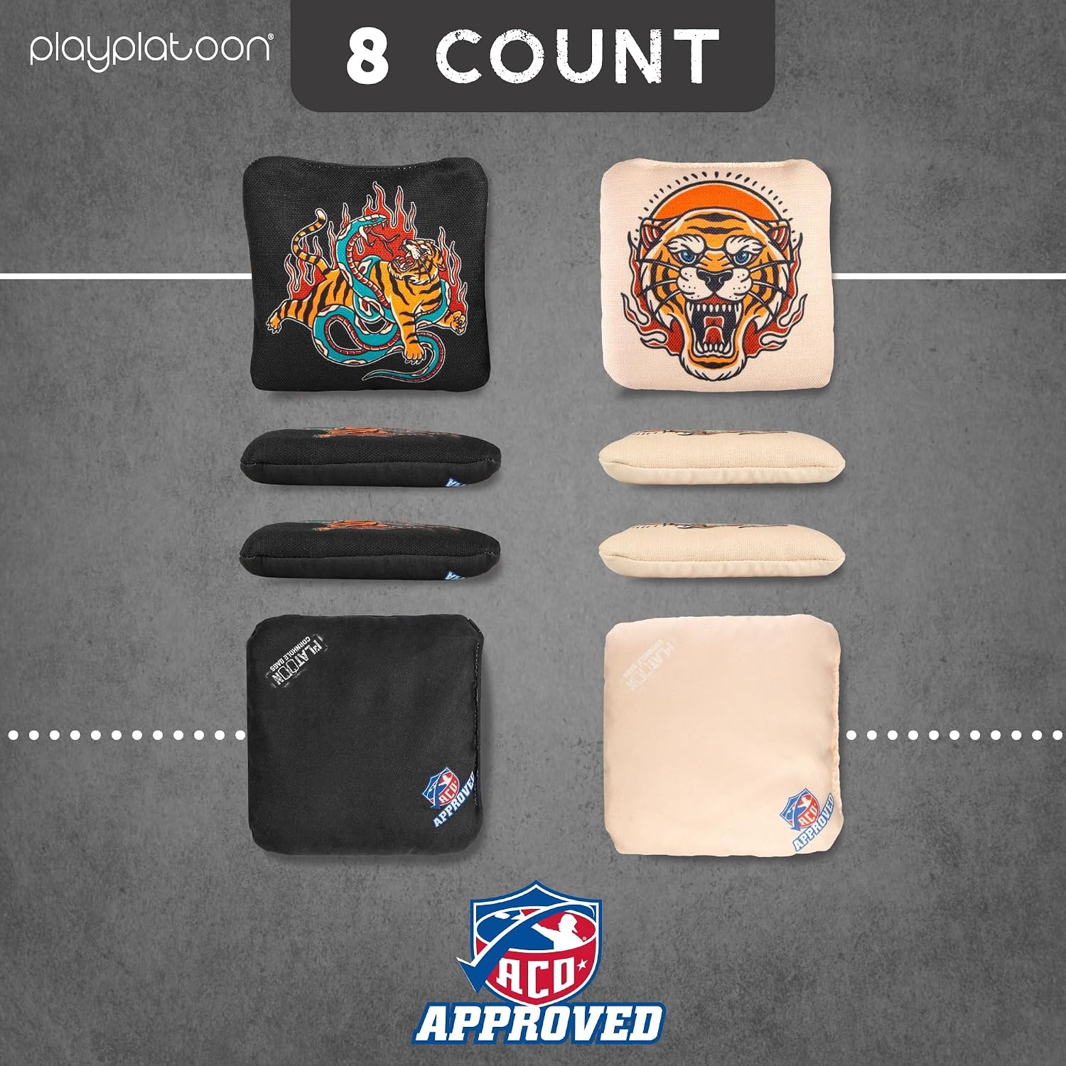 Play Platoon Cornhole Bags Set of 8 Regulation Professional Corn Hole Bean Bags ACO Approved, Competition Weight, Slick and Stick(Tan/Black Tiger & Snake) - view 5