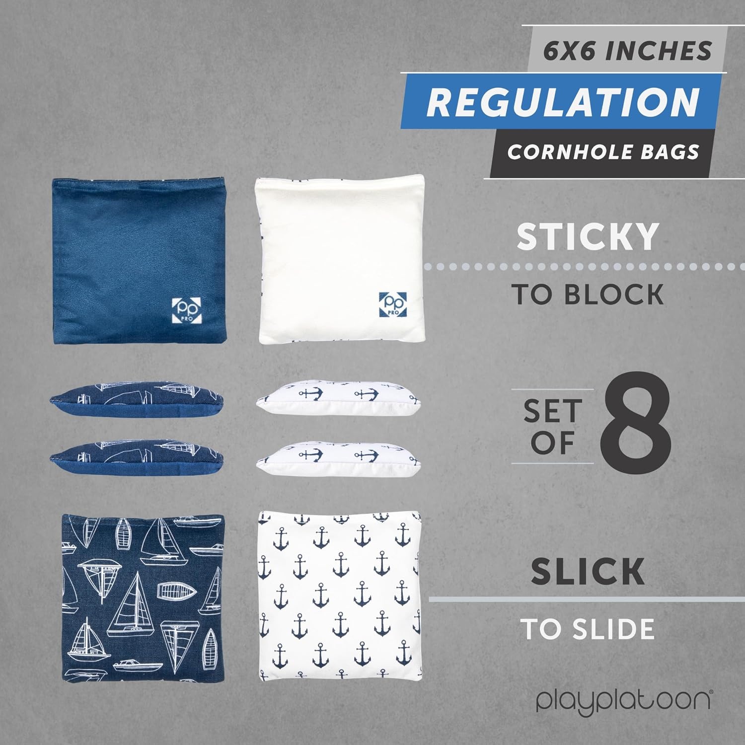 Professional Cornhole Bags – Set of 8 Regulation All Weather Double Sided – Sticky Side/Slick Side Bean Bags for Pro Corn Hole Game(Navy / White Boats & Anchors)