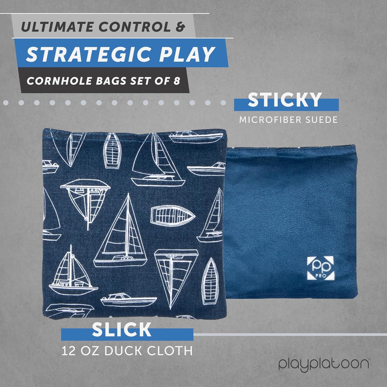 Professional Cornhole Bags – Set of 8 Regulation All Weather Double Sided – Sticky Side/Slick Side Bean Bags for Pro Corn Hole Game(Navy / White Boats & Anchors) - view 2