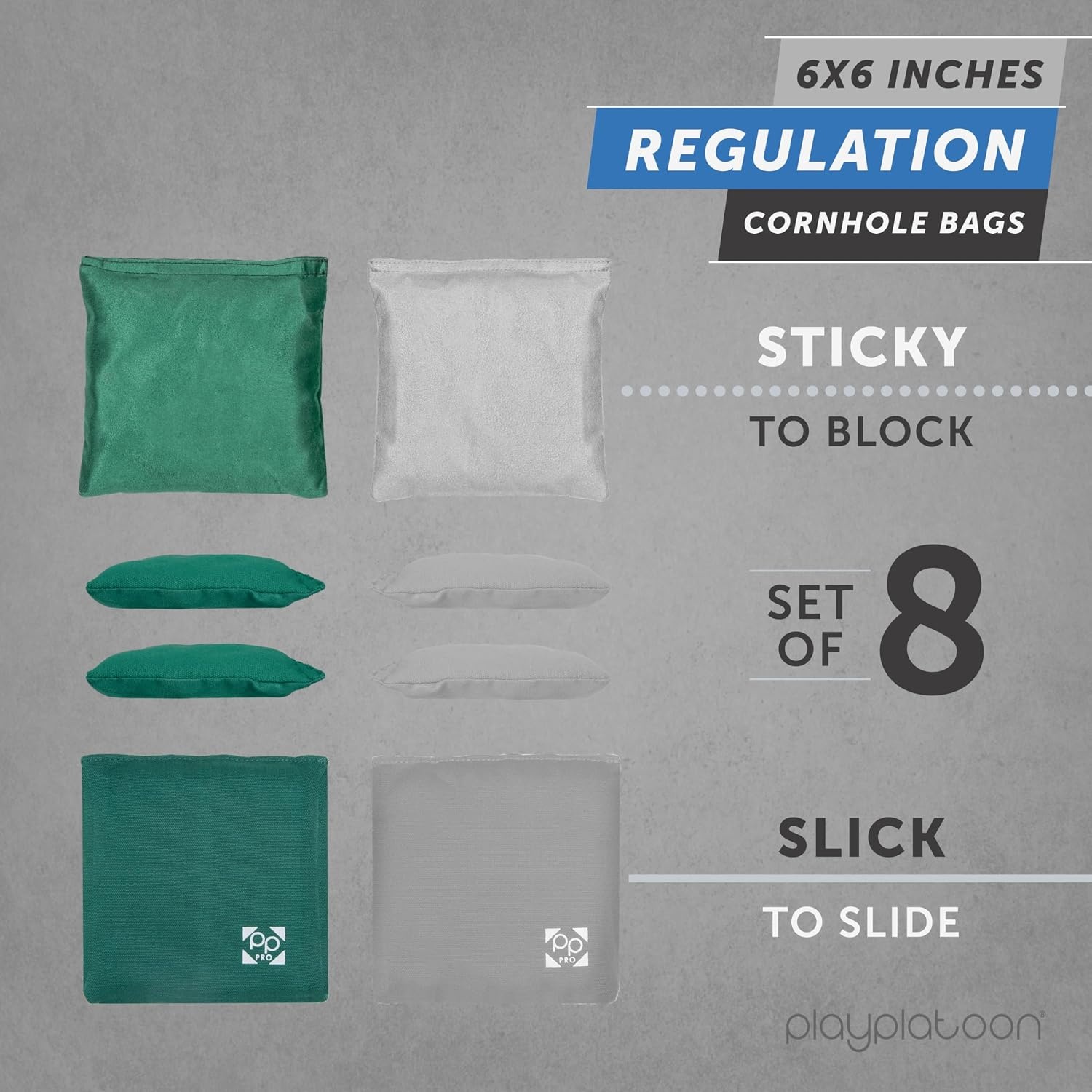 Professional Cornhole Bags – Set of 8 Regulation All Weather Double Sided – Sticky Side/Slick Side Bean Bags for Pro Corn Hole Game(Hunter Green & Gray)