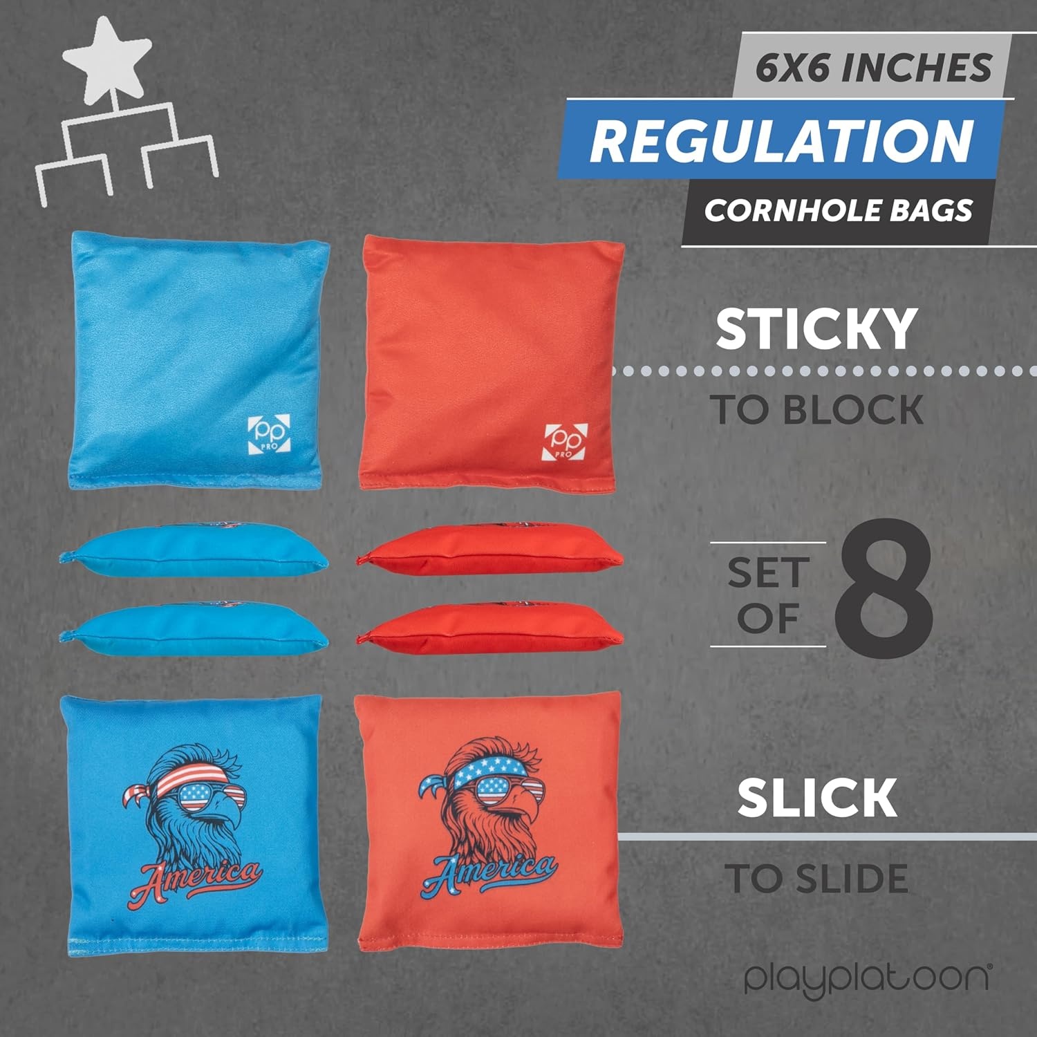 Professional Cornhole Bags – Set of 8 Regulation All Weather Double Sided – Sticky Side/Slick Side Bean Bags for Pro Corn Hole Game(Blue/Red America Eagle)