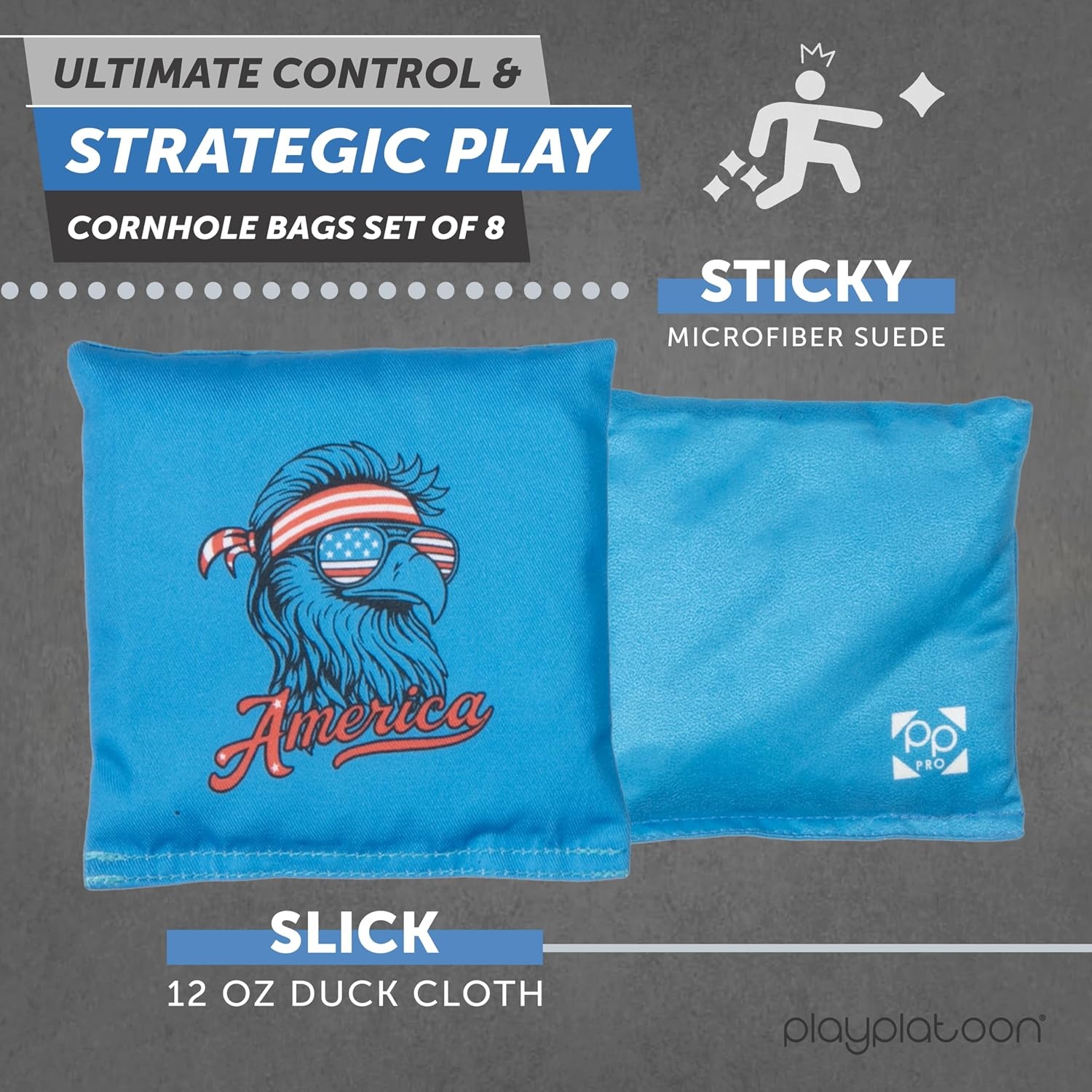 Professional Cornhole Bags – Set of 8 Regulation All Weather Double Sided – Sticky Side/Slick Side Bean Bags for Pro Corn Hole Game(Blue/Red America Eagle) - view 2