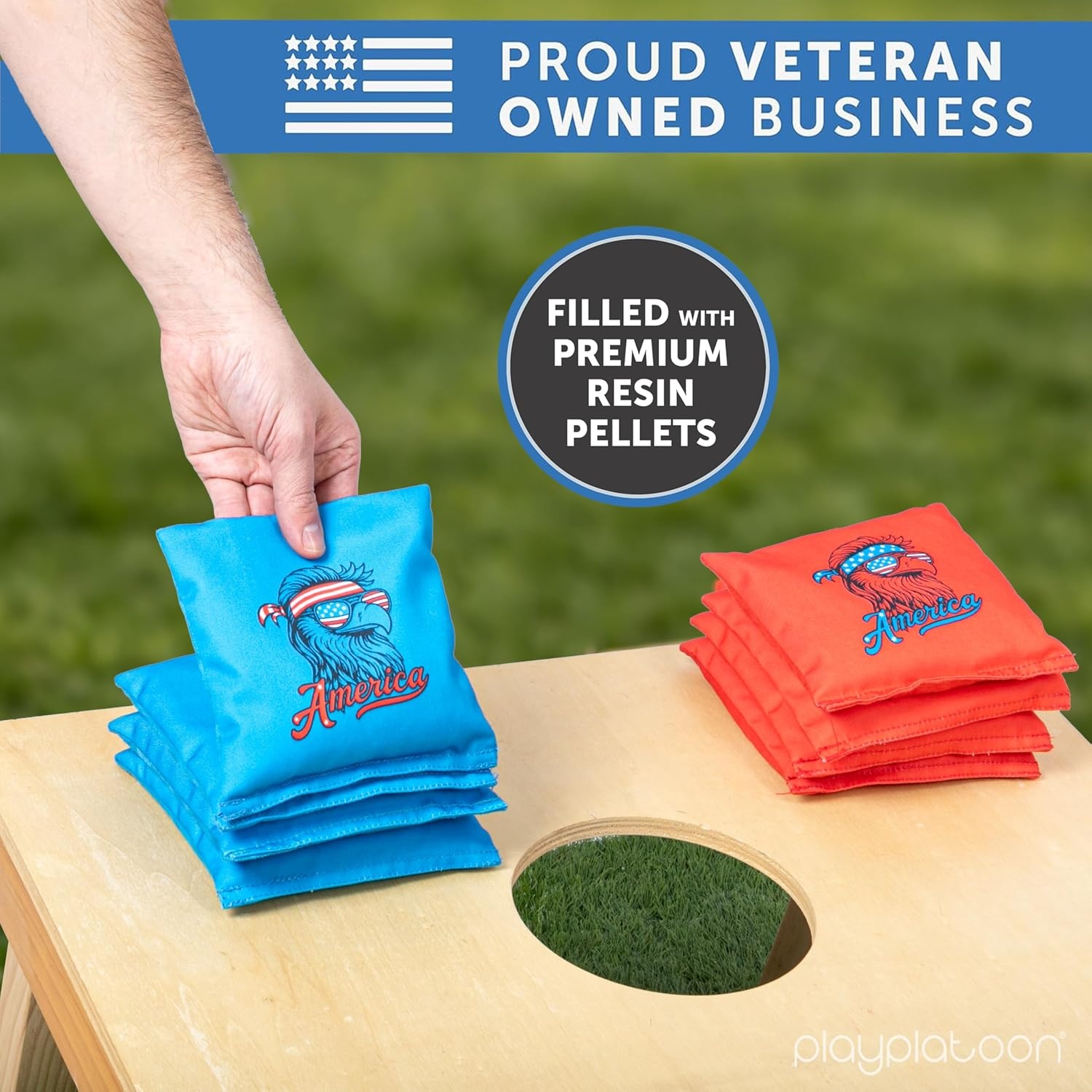Professional Cornhole Bags – Set of 8 Regulation All Weather Double Sided – Sticky Side/Slick Side Bean Bags for Pro Corn Hole Game(Blue/Red America Eagle) - view 3
