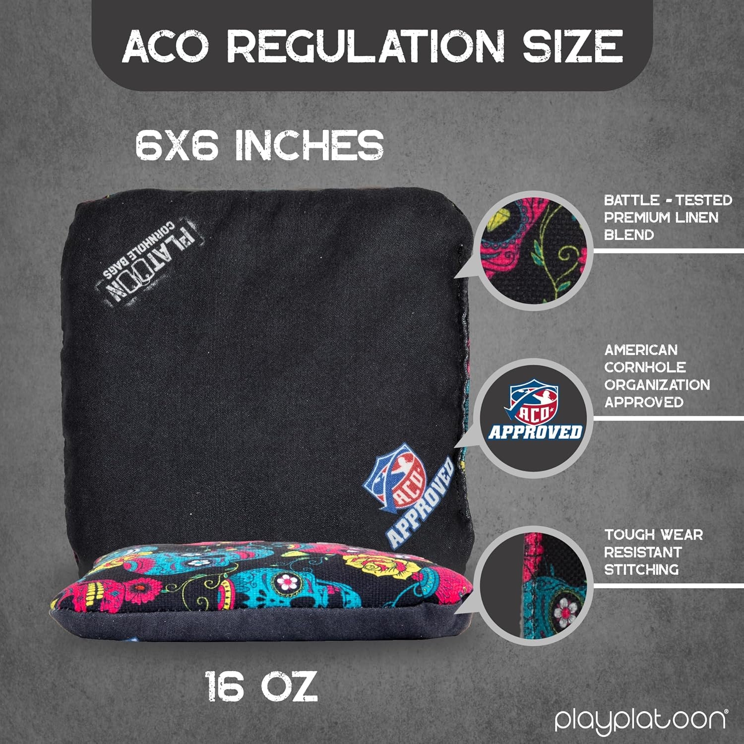 Play Platoon Cornhole Bags Set of 8 Regulation Professional Corn Hole Bean Bags ACO Approved, Competition Weight, Slick and Stick(Teal/Black Sugar Skull)