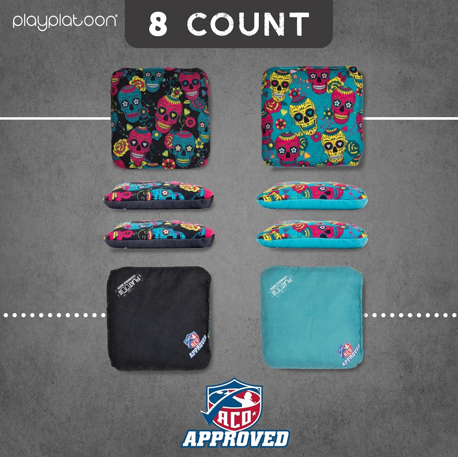 Play Platoon Cornhole Bags Set of 8 Regulation Professional Corn Hole Bean Bags ACO Approved, Competition Weight, Slick and Stick(Teal/Black Sugar Skull) - view 5