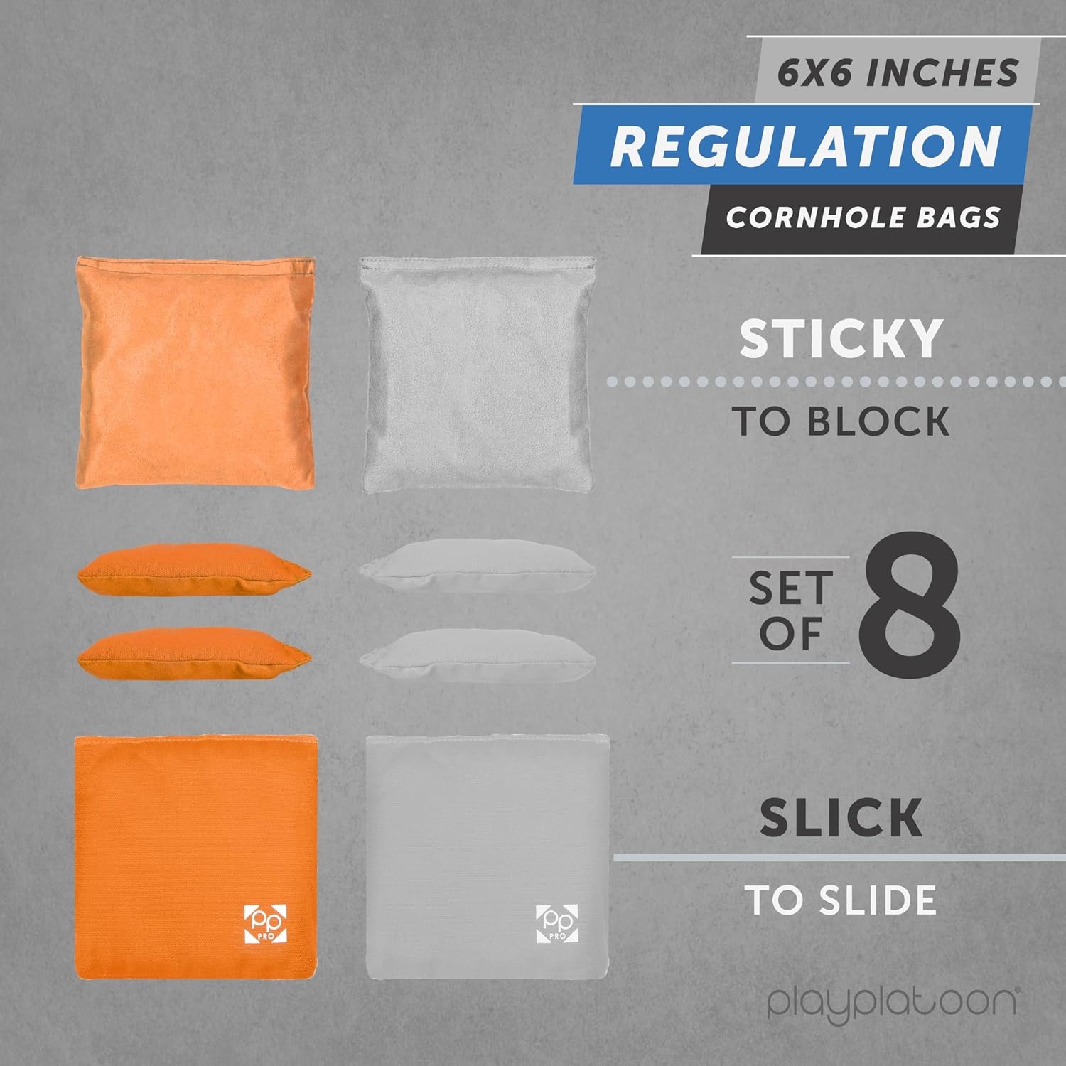 Professional Cornhole Bags – Set of 8 Regulation All Weather Double Sided – Sticky Side/Slick Side Bean Bags for Pro Corn Hole Game(Orange & Gray)