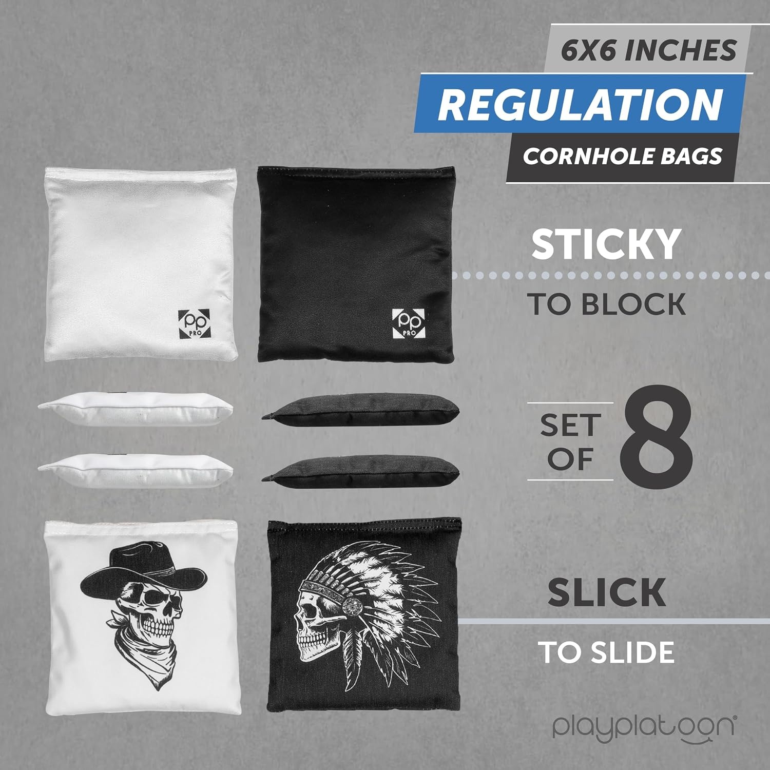 Professional Cornhole Bags – Set of 8 Regulation All Weather Double Sided – Sticky Side/Slick Side Bean Bags for Pro Corn Hole Game(Black / Vintage White Outlaw & Chief)