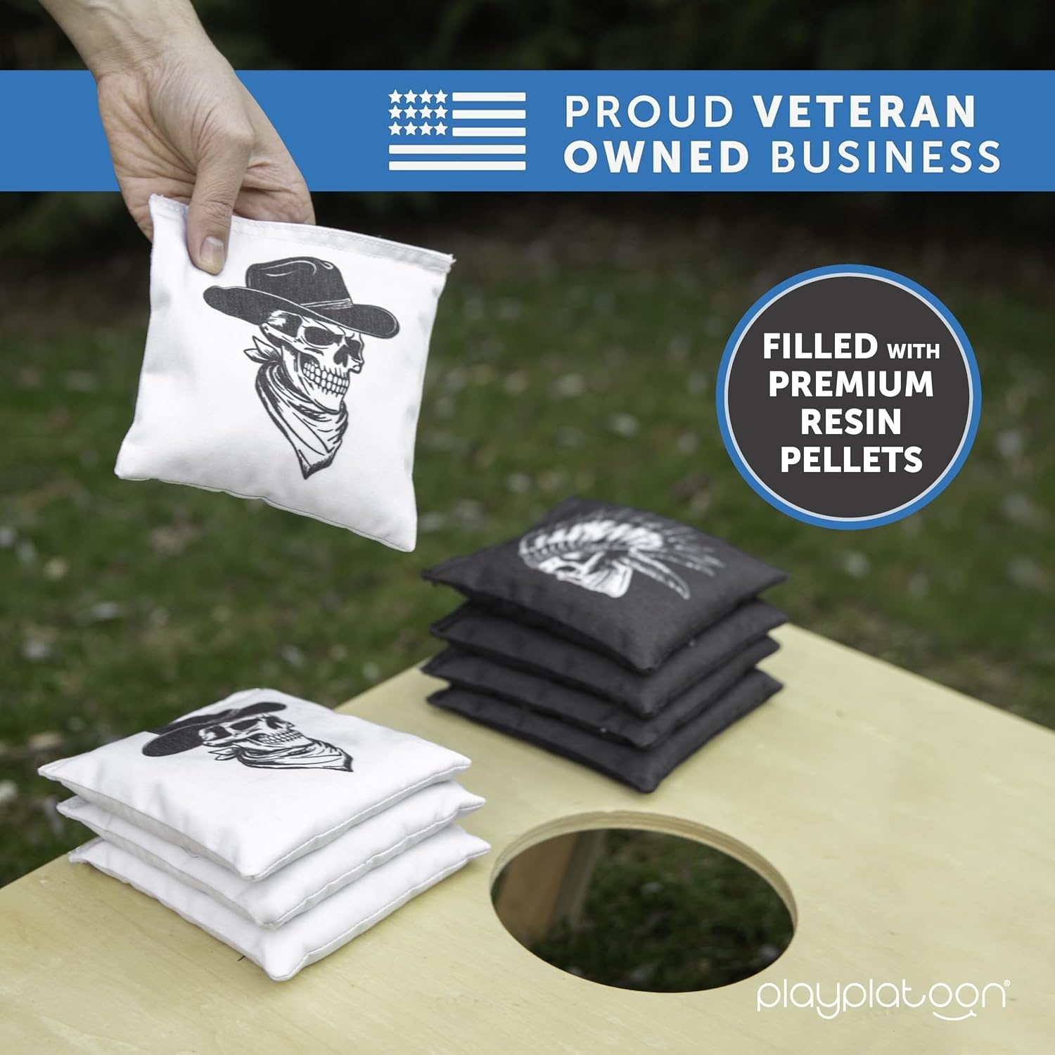 Professional Cornhole Bags – Set of 8 Regulation All Weather Double Sided – Sticky Side/Slick Side Bean Bags for Pro Corn Hole Game(Black / Vintage White Outlaw & Chief) - view 5