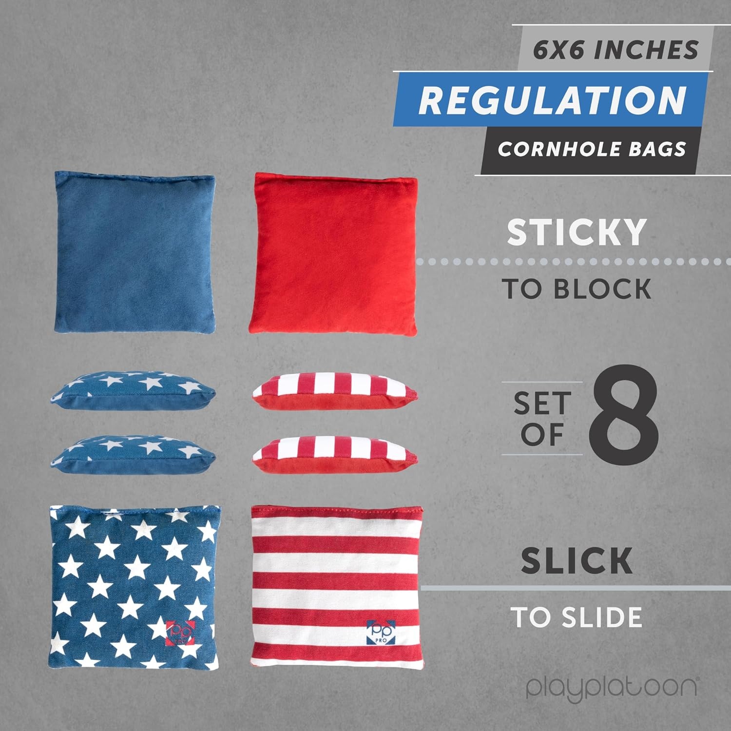 Professional Cornhole Bags – Set of 8 Regulation All Weather Double Sided – Sticky Side/Slick Side Bean Bags for Pro Corn Hole Game(Stars & Stripes)
