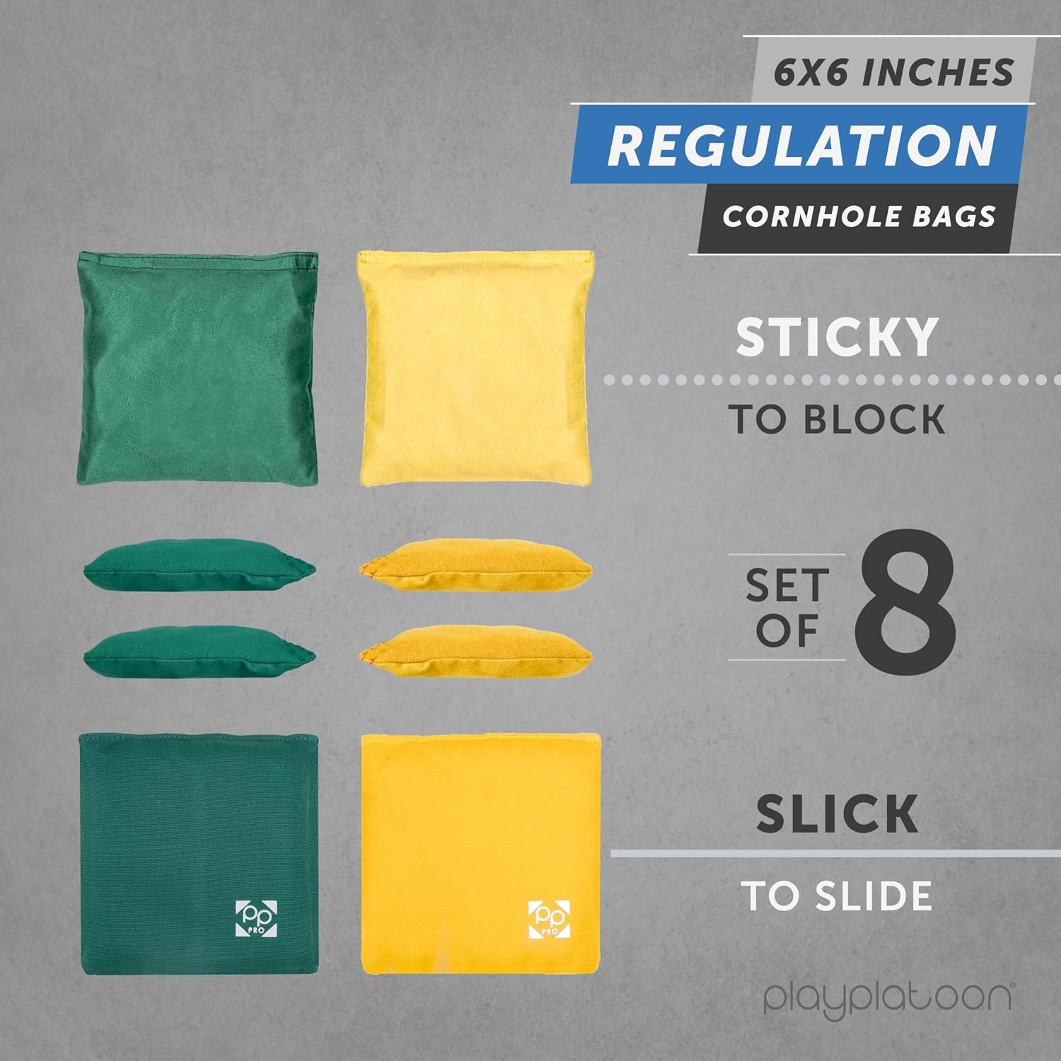 Professional Cornhole Bags – Set of 8 Regulation All Weather Double Sided – Sticky Side/Slick Side Bean Bags for Pro Corn Hole Game(Hunter Green & Yellow)