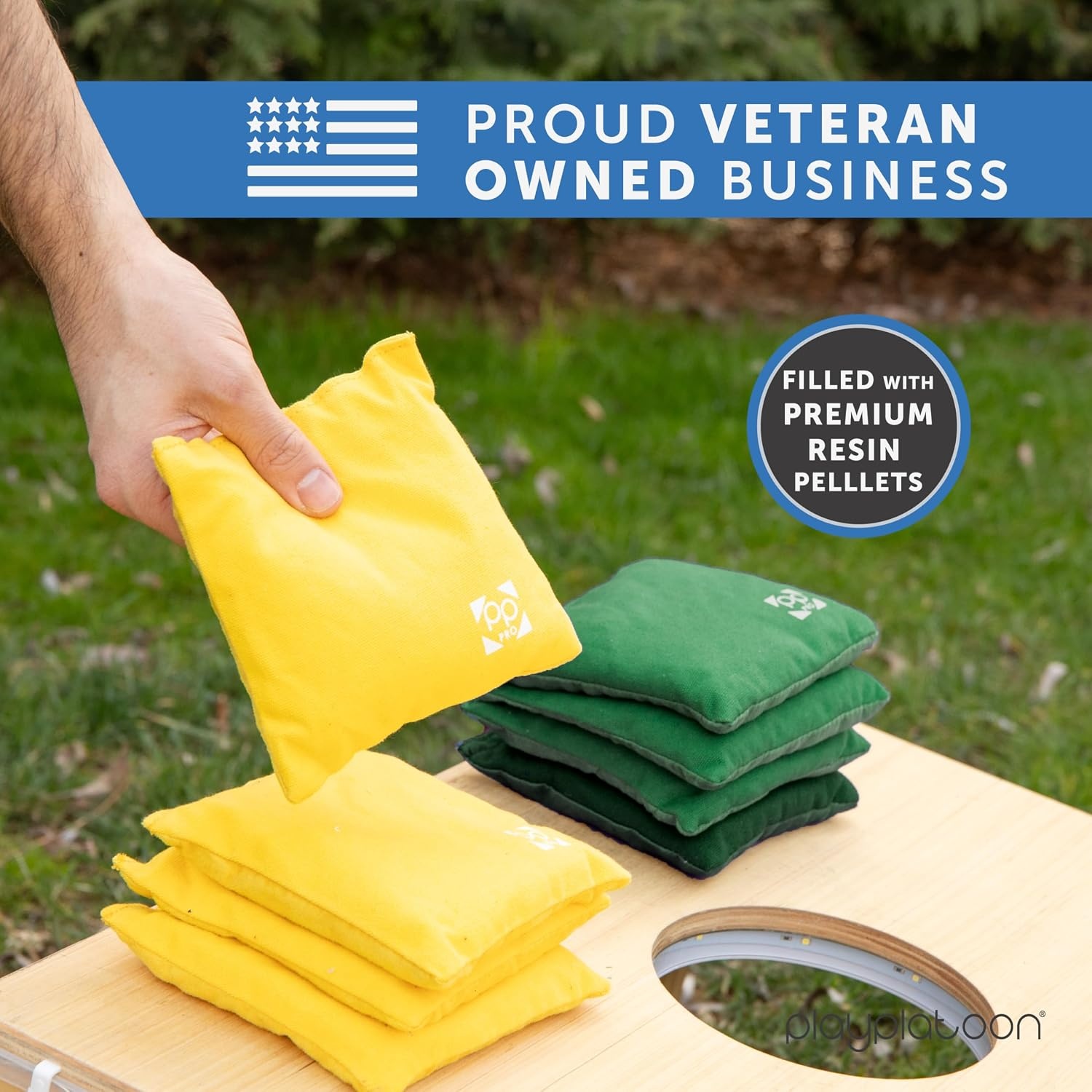 Professional Cornhole Bags – Set of 8 Regulation All Weather Double Sided – Sticky Side/Slick Side Bean Bags for Pro Corn Hole Game(Hunter Green & Yellow) - view 5