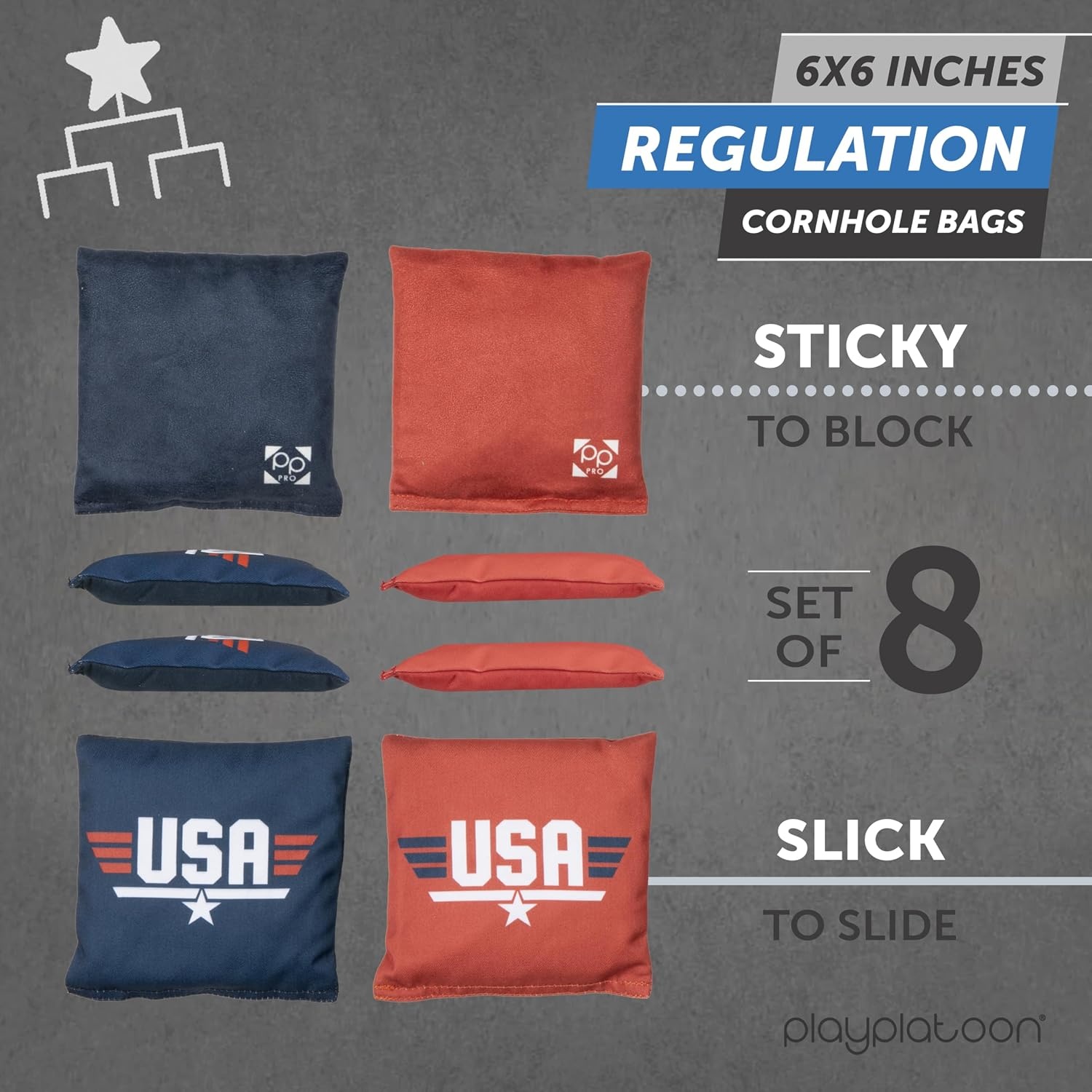 Professional Cornhole Bags – Set of 8 Regulation All Weather Double Sided – Sticky Side/Slick Side Bean Bags for Pro Corn Hole Game(Blue/Red USA Maverick)