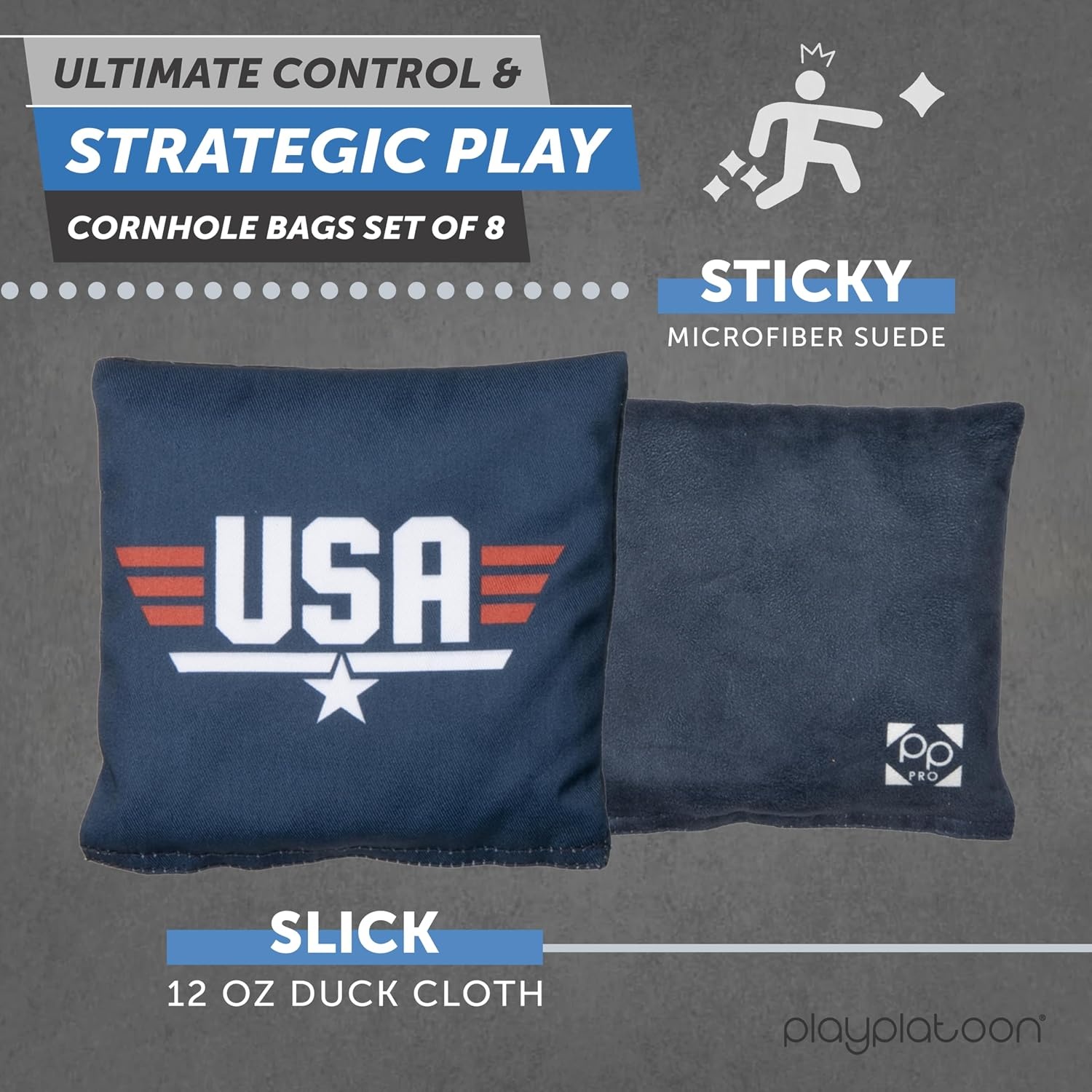 Professional Cornhole Bags – Set of 8 Regulation All Weather Double Sided – Sticky Side/Slick Side Bean Bags for Pro Corn Hole Game(Blue/Red USA Maverick) - view 2