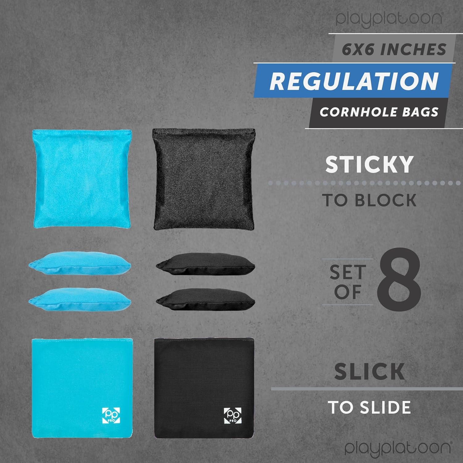 Professional Cornhole Bags – Set of 8 Regulation All Weather Double Sided – Sticky Side/Slick Side Bean Bags for Pro Corn Hole Game(Light Blue & Gray)