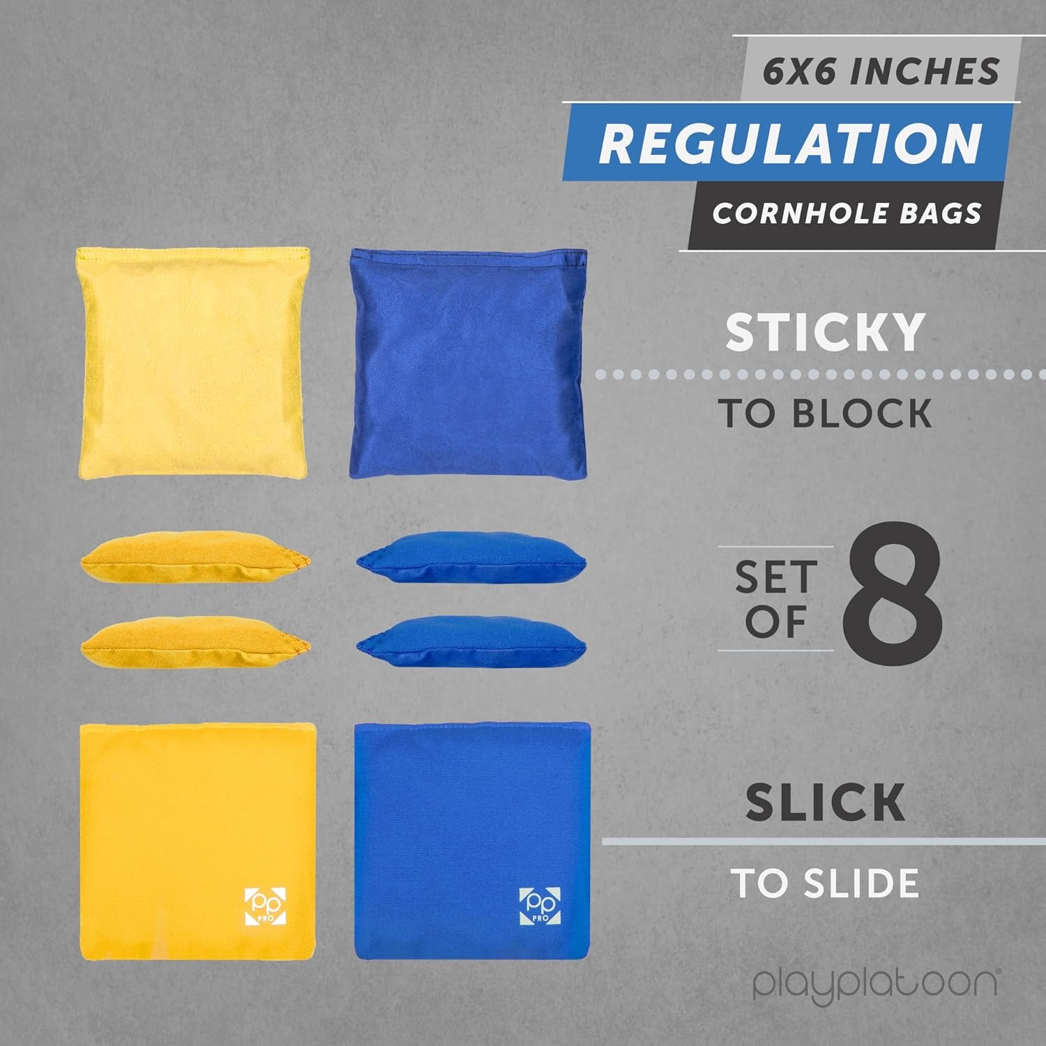 Professional Cornhole Bags – Set of 8 Regulation All Weather Double Sided – Sticky Side/Slick Side Bean Bags for Pro Corn Hole Game(Yellow & Blue)