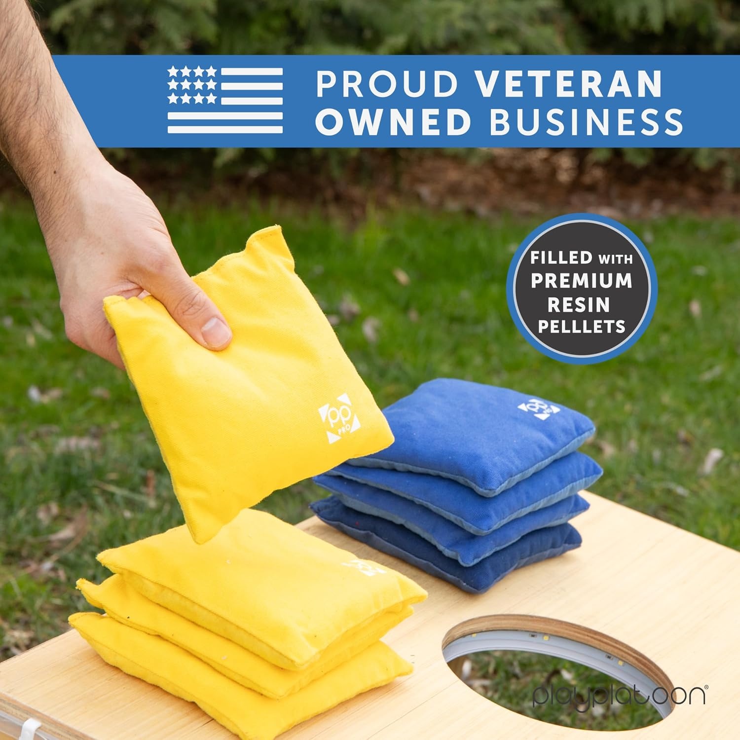 Professional Cornhole Bags – Set of 8 Regulation All Weather Double Sided – Sticky Side/Slick Side Bean Bags for Pro Corn Hole Game(Yellow & Blue) - view 5