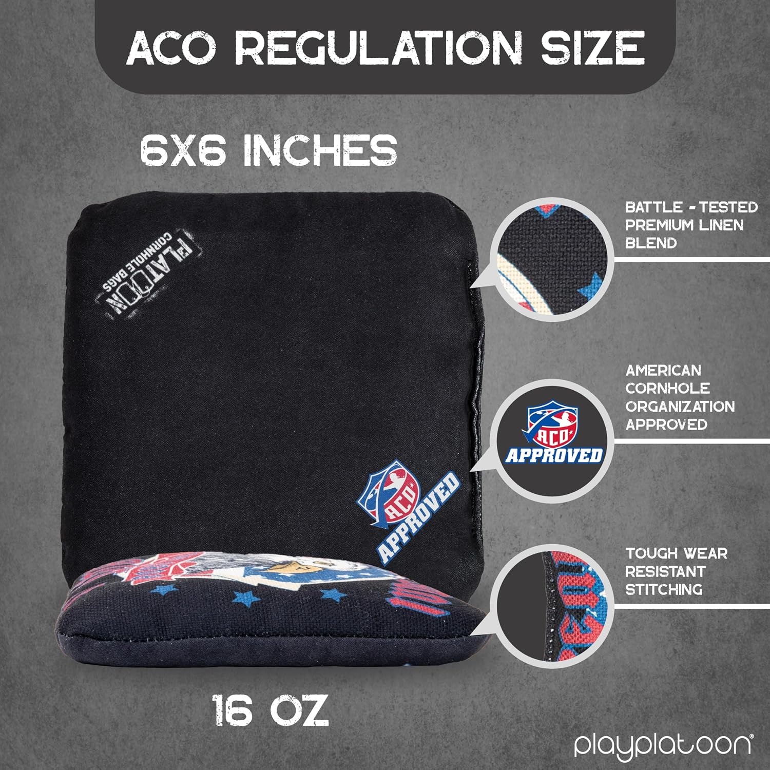 Play Platoon Cornhole Bags Set of 8 Regulation Professional Corn Hole Bean Bags ACO Approved, Competition Weight, Slick and Stick(Black/White Freedom Tour)