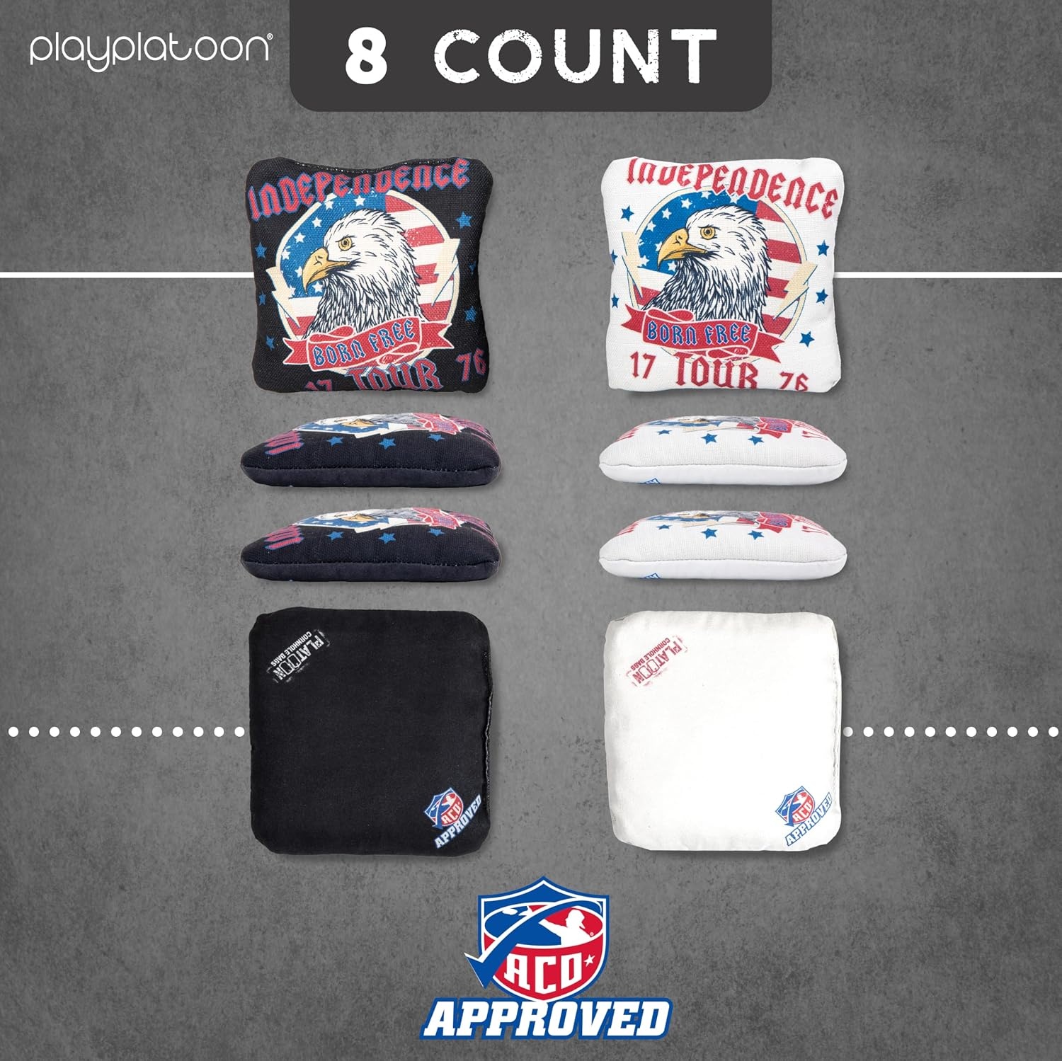 Play Platoon Cornhole Bags Set of 8 Regulation Professional Corn Hole Bean Bags ACO Approved, Competition Weight, Slick and Stick(Black/White Freedom Tour) - view 5