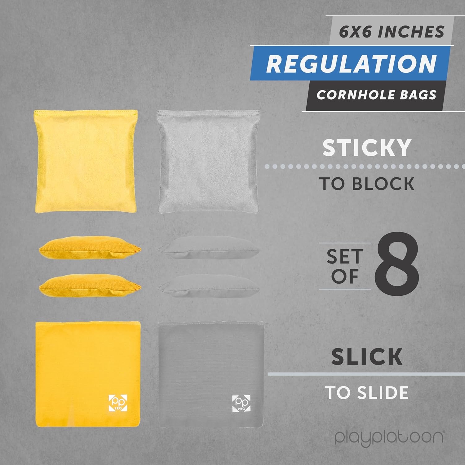 Professional Cornhole Bags – Set of 8 Regulation All Weather Double Sided – Sticky Side/Slick Side Bean Bags for Pro Corn Hole Game(Yellow & Gray)