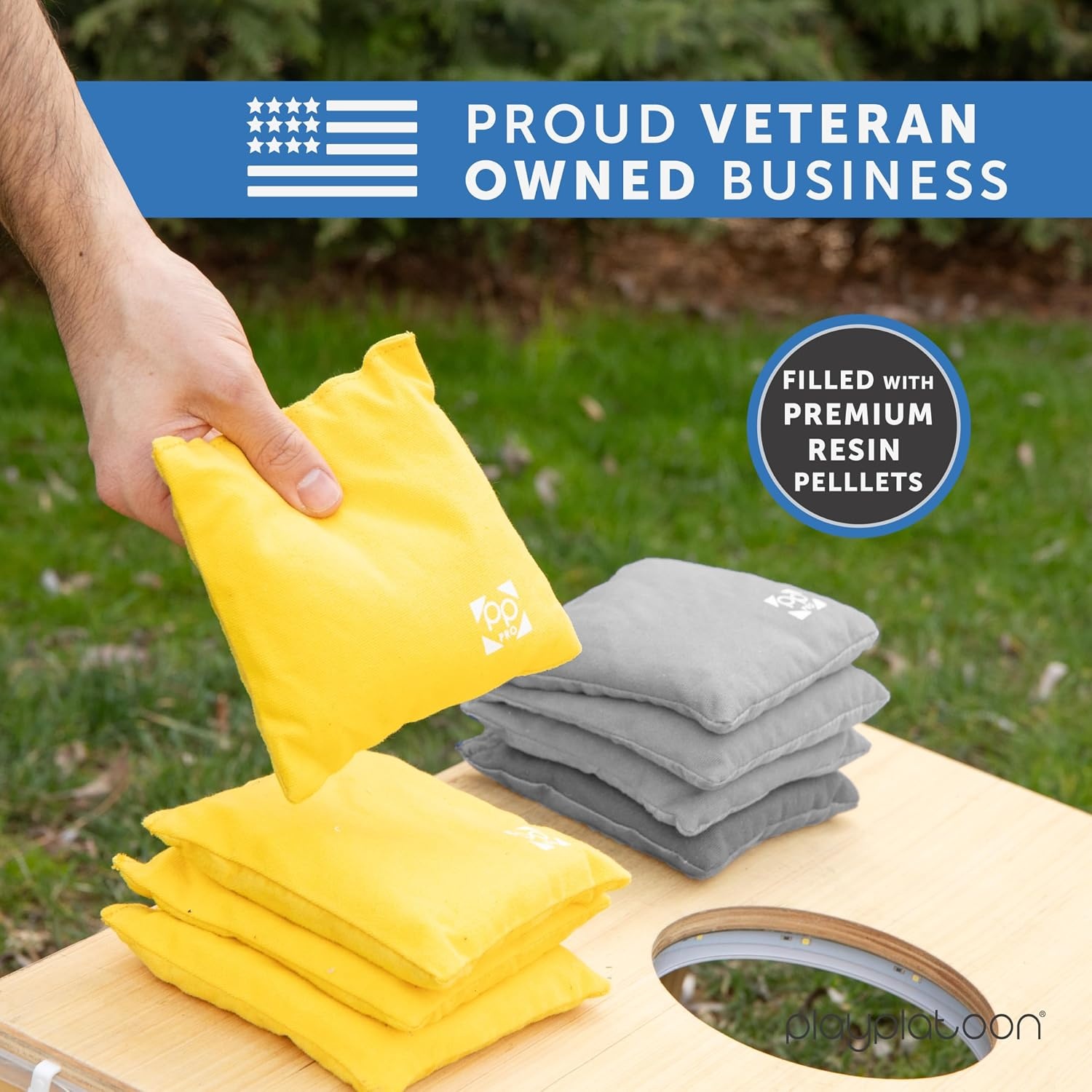 Professional Cornhole Bags – Set of 8 Regulation All Weather Double Sided – Sticky Side/Slick Side Bean Bags for Pro Corn Hole Game(Yellow & Gray) - view 5