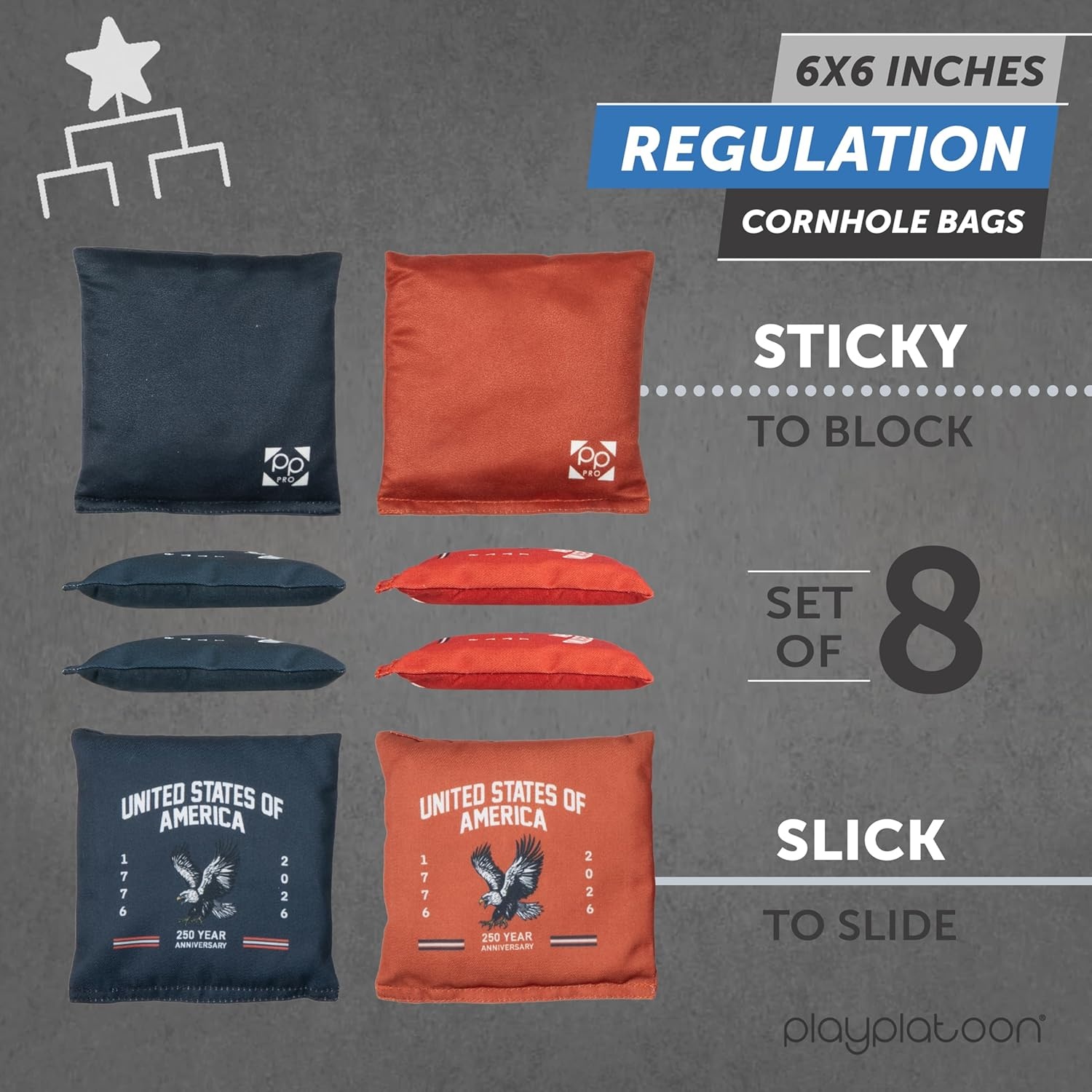 Professional Cornhole Bags – Set of 8 Regulation All Weather Double Sided – Sticky Side/Slick Side Bean Bags for Pro Corn Hole Game(Blue/Red 250th Anniversary)