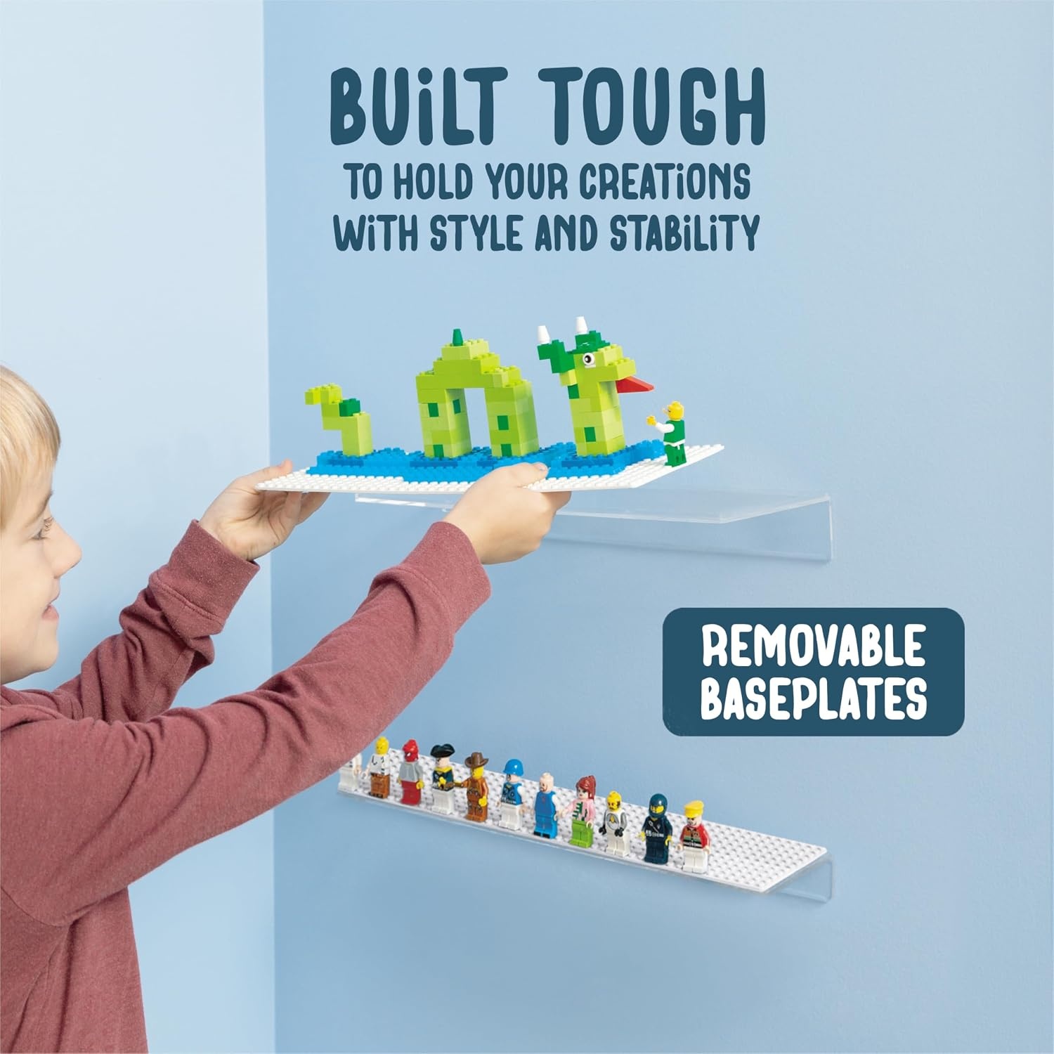 Play Platoon Building Brick Display Shelves 2 Pack Minifigure Display Case Shelf – 12×5 Inch Acrylic Wall Mount Shelf for Wall, Compatible with Lego, Megablox, and Other Major Brands – White(White) - view 4