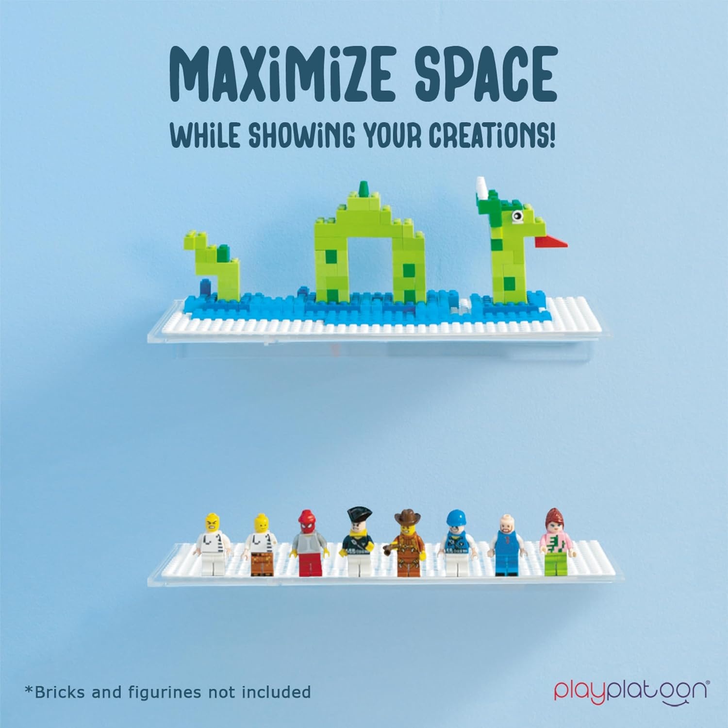 Play Platoon Building Brick Display Shelves 2 Pack Minifigure Display Case Shelf – 12×5 Inch Acrylic Wall Mount Shelf for Wall, Compatible with Lego, Megablox, and Other Major Brands – White(White) - view 5