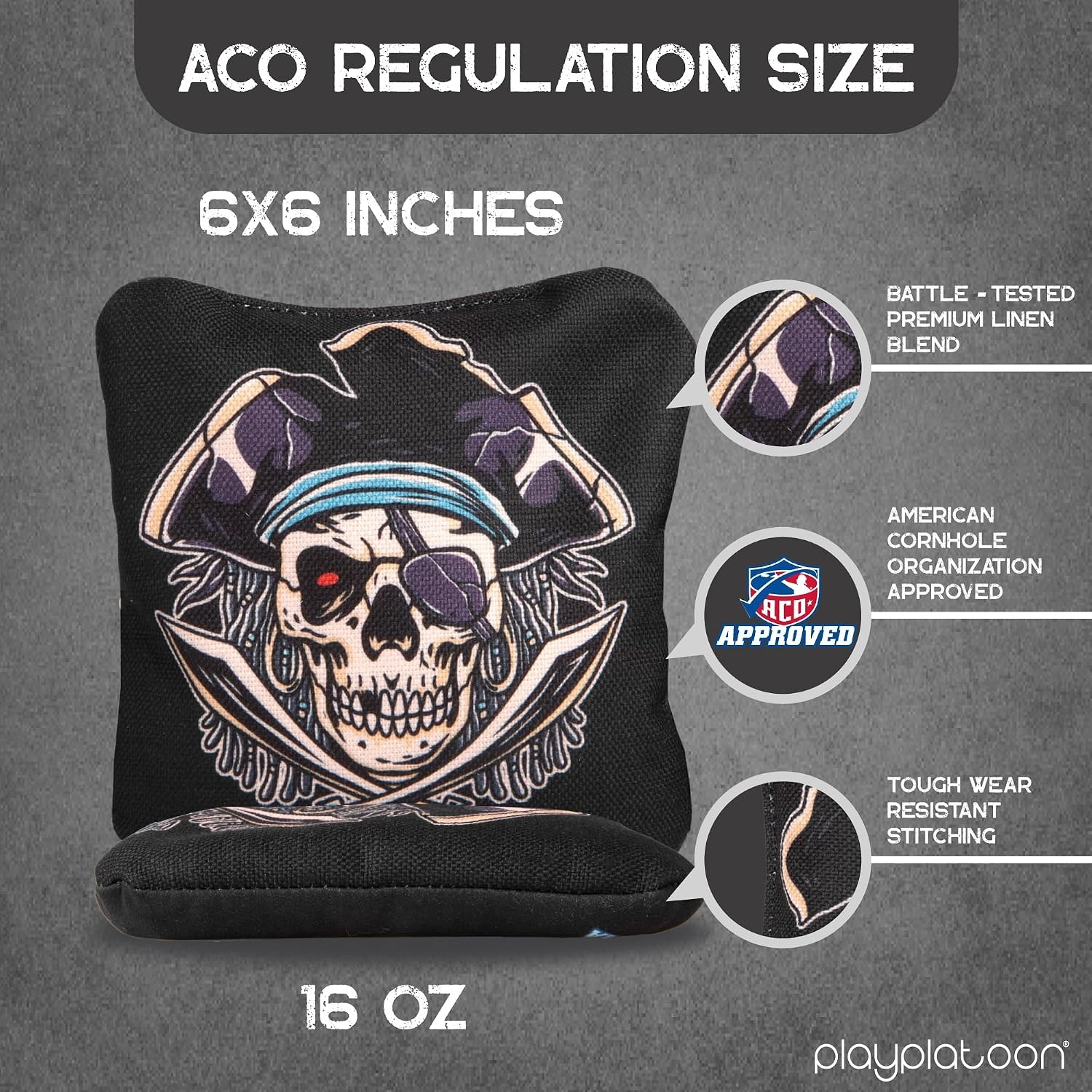 Play Platoon Cornhole Bags Set of 8 Regulation Professional Corn Hole Bean Bags ACO Approved, Competition Weight, Slick and Stick(Sea Blue / Black Pirate & Kraken)